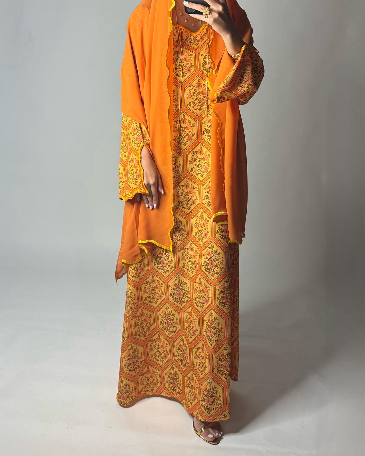 A523 - Orange & Yellow Hexagon Pattern Jalabiya & Matching Head Scarf