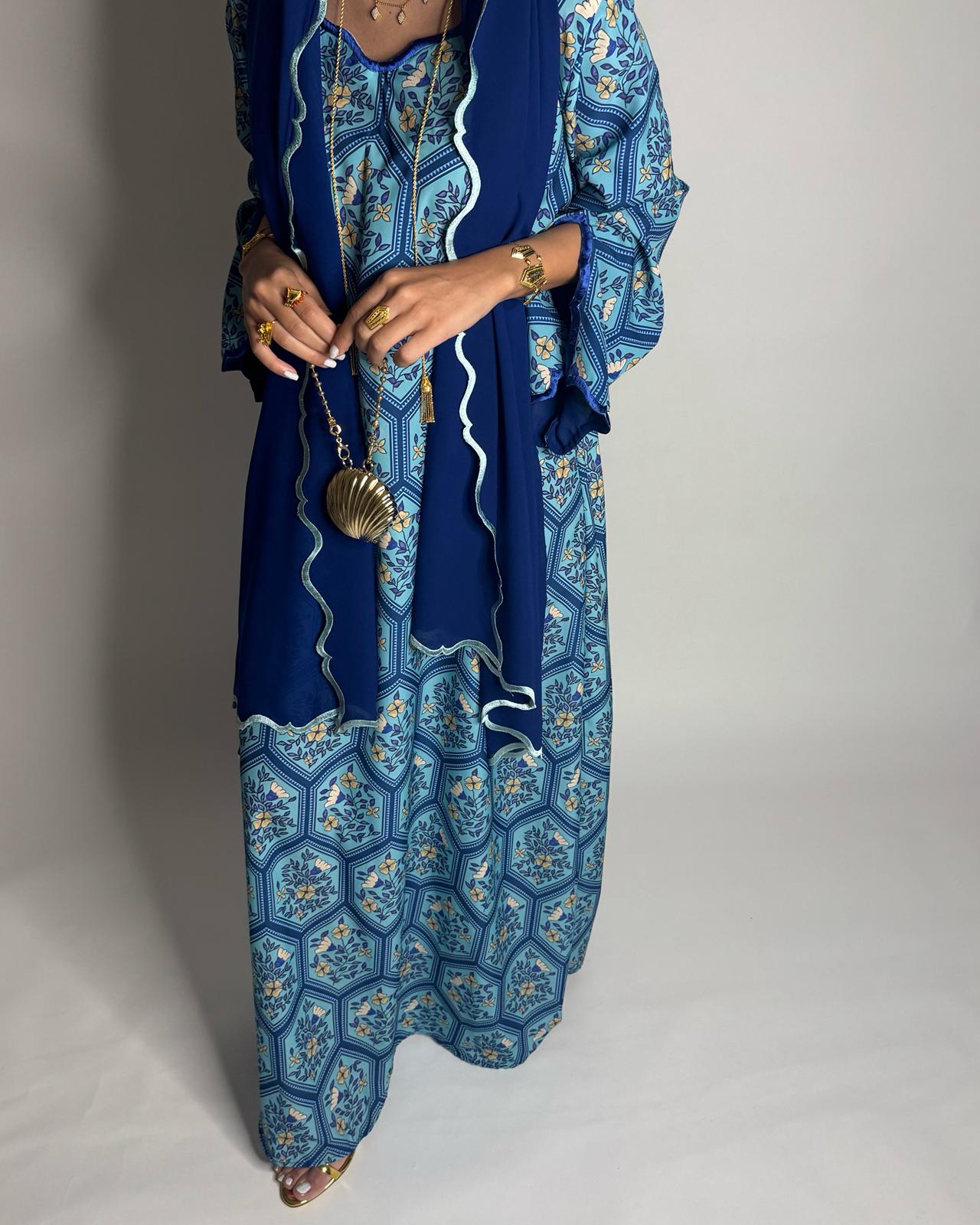 A527 - Shades of Blue Hexagon Pattern Jalabiya & Matching Head Scarf