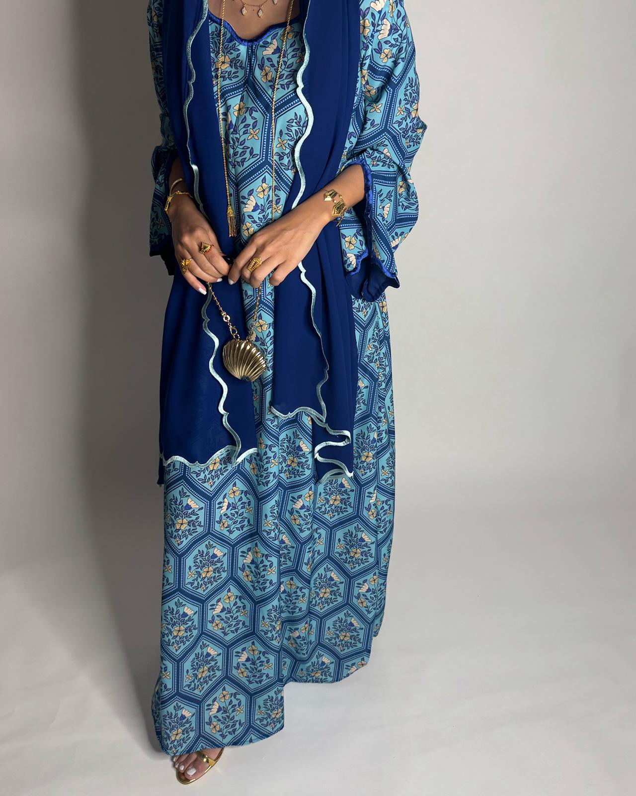 A527 - Shades of Blue Hexagon Pattern Jalabiya & Matching Head Scarf