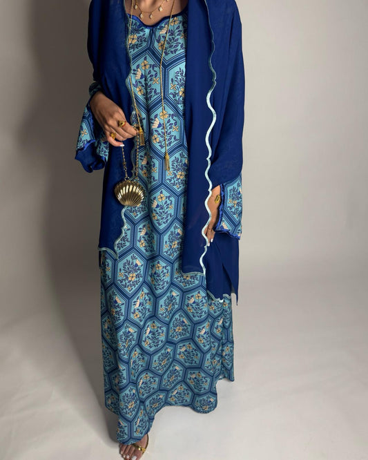 A527 - Shades of Blue Hexagon Pattern Jalabiya & Matching Head Scarf