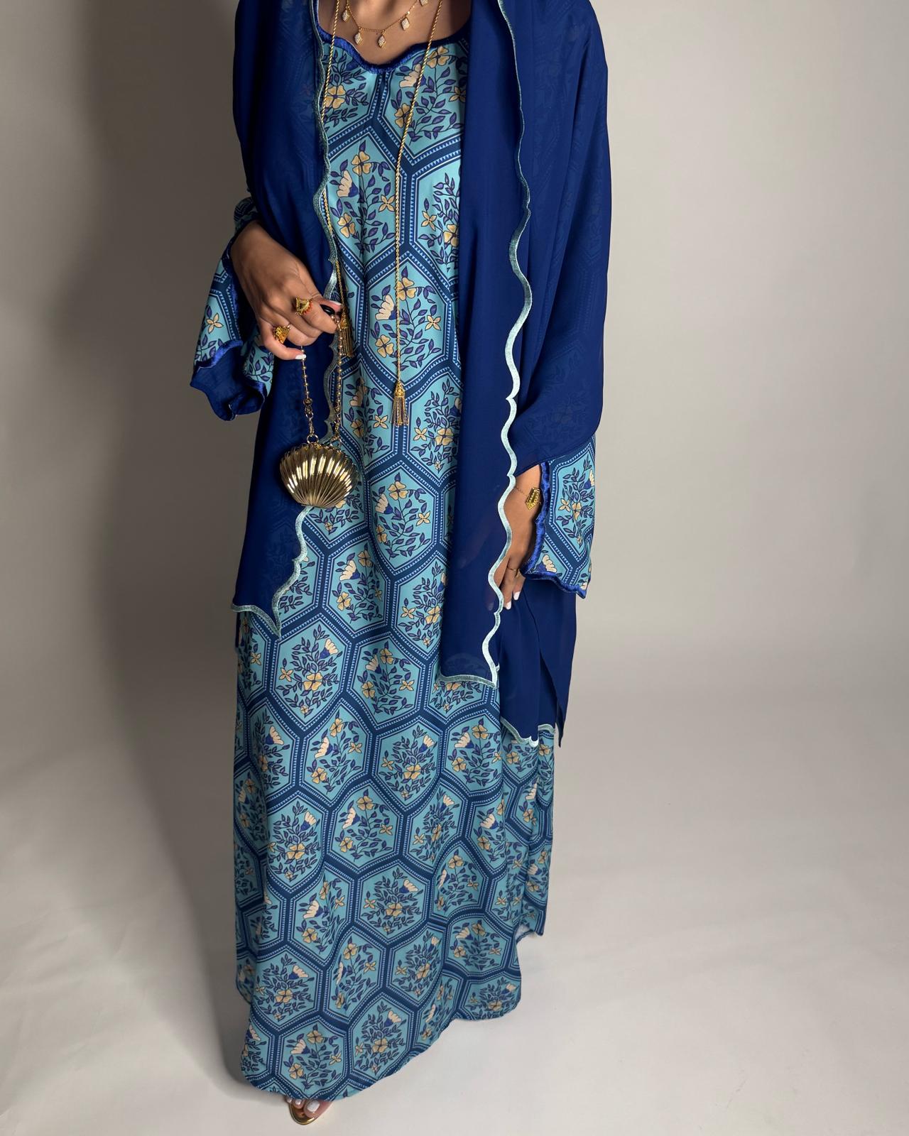 A527 - Shades of Blue Hexagon Pattern Jalabiya & Matching Head Scarf