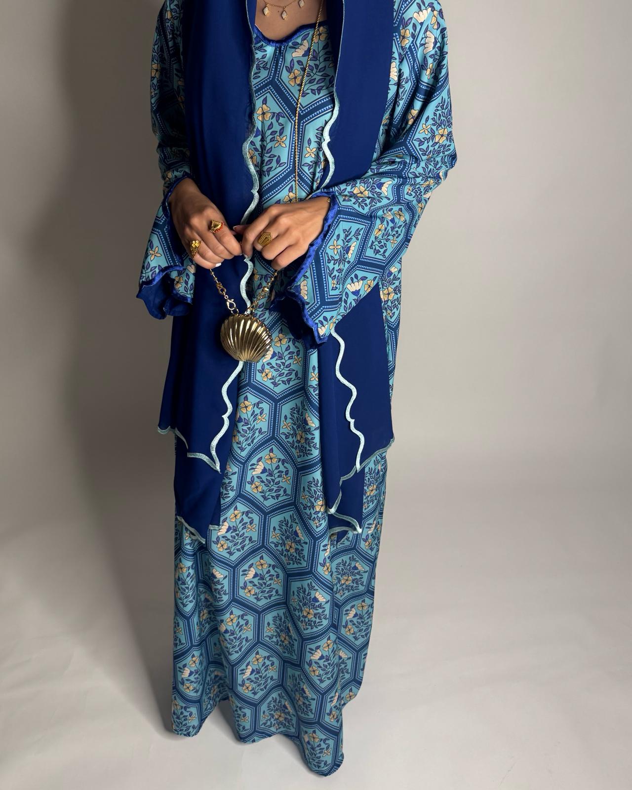 A527 - Shades of Blue Hexagon Pattern Jalabiya & Matching Head Scarf