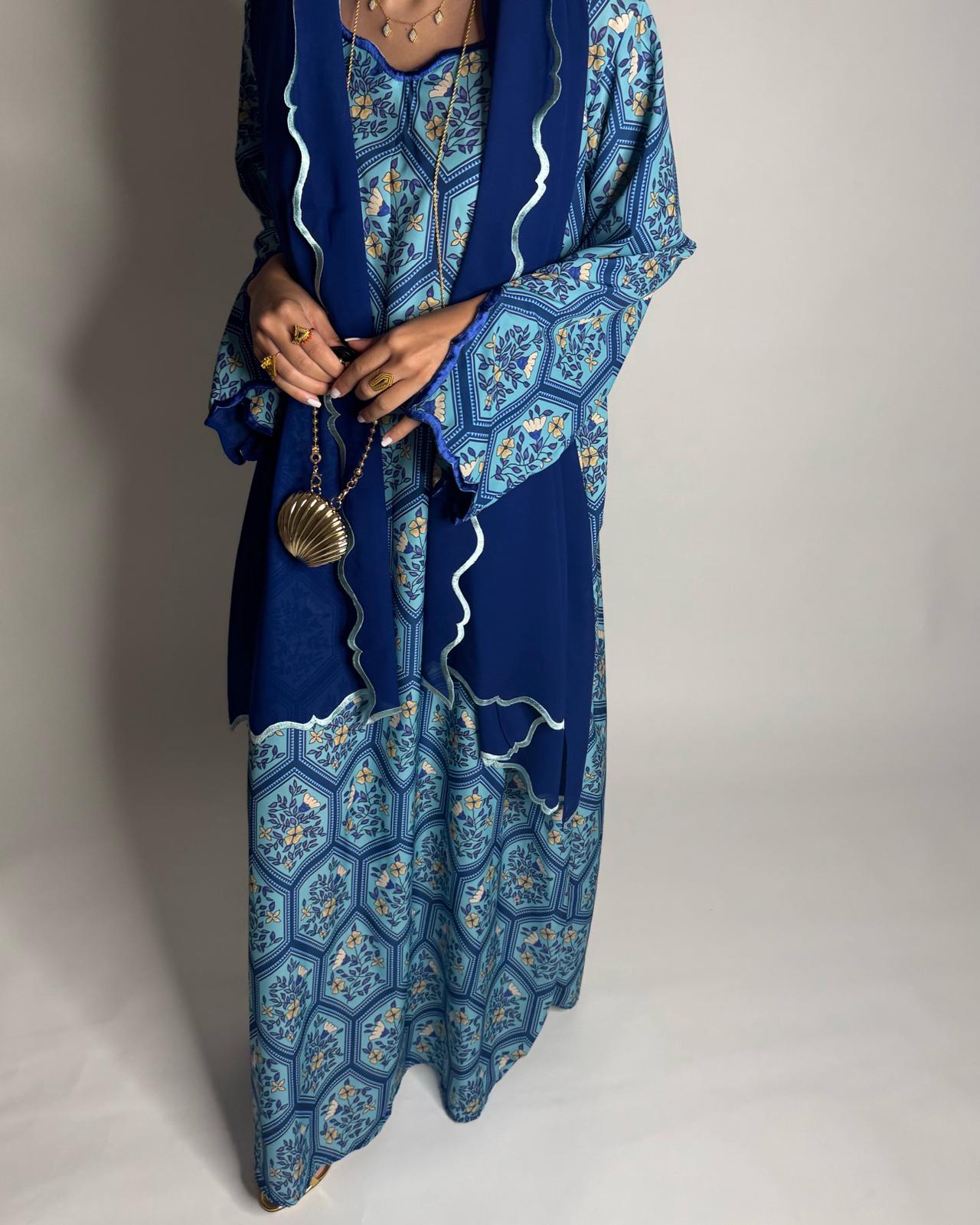 A527 - Shades of Blue Hexagon Pattern Jalabiya & Matching Head Scarf