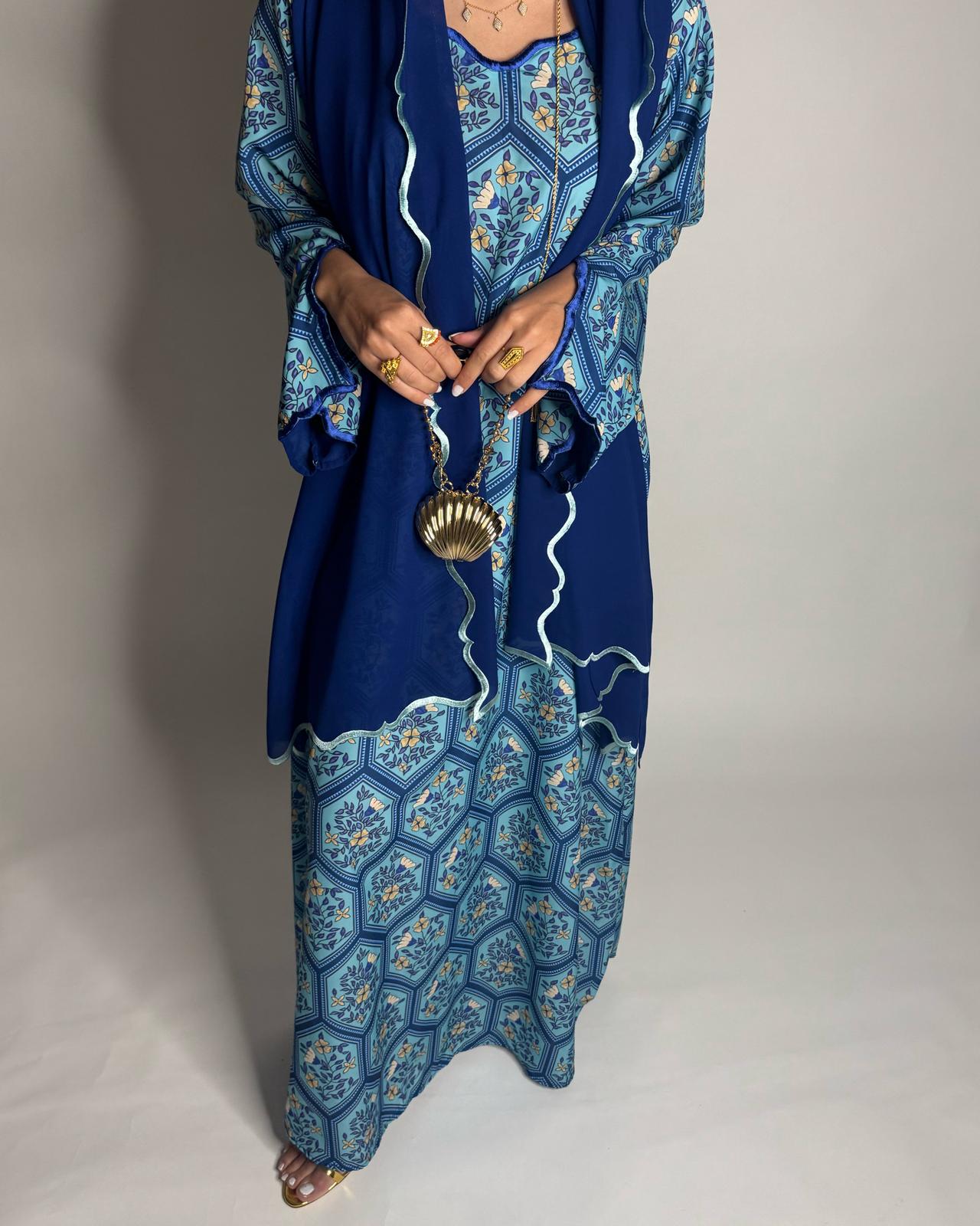 A527 - Shades of Blue Hexagon Pattern Jalabiya & Matching Head Scarf