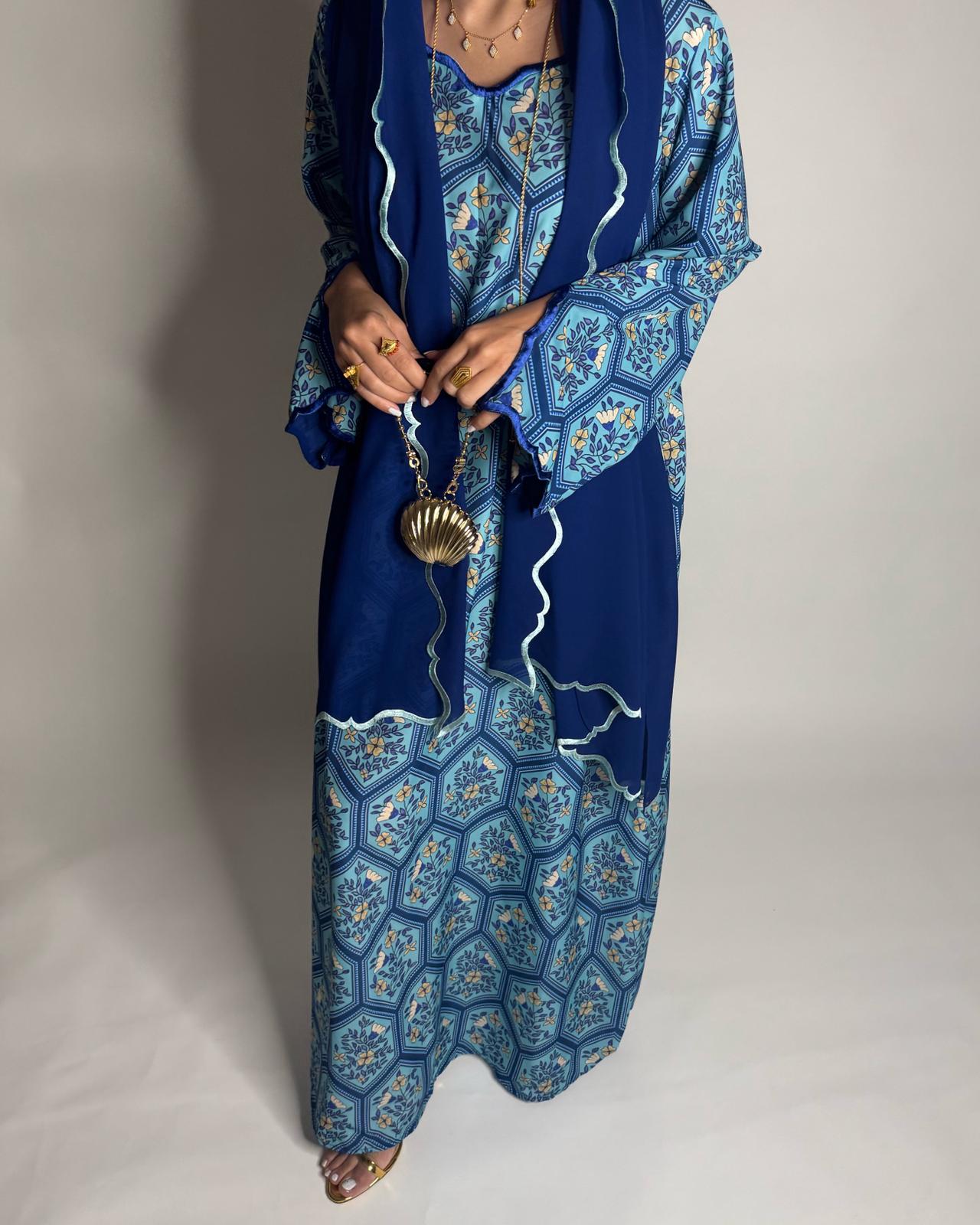 A527 - Shades of Blue Hexagon Pattern Jalabiya & Matching Head Scarf