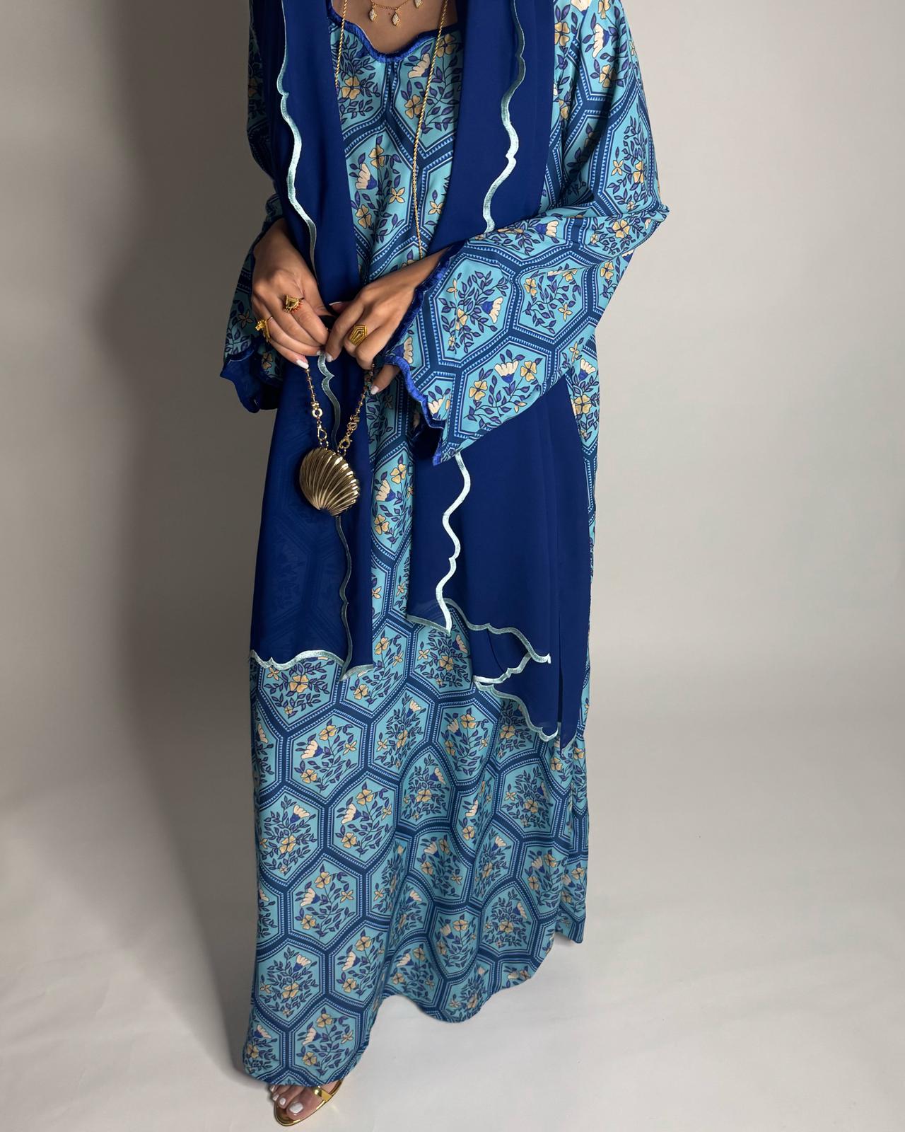 A527 - Shades of Blue Hexagon Pattern Jalabiya & Matching Head Scarf
