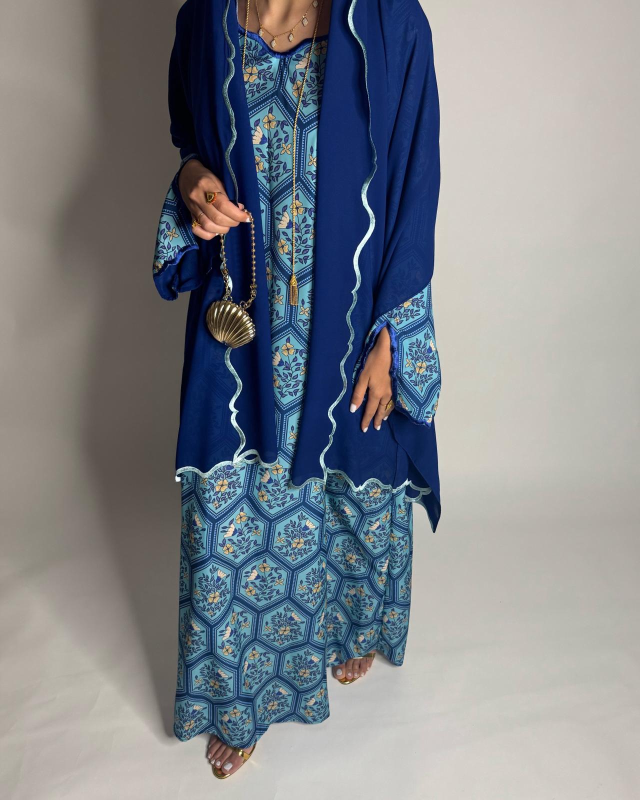 A527 - Shades of Blue Hexagon Pattern Jalabiya & Matching Head Scarf