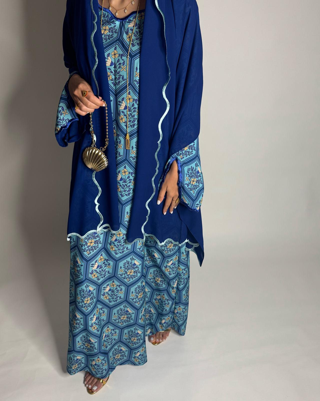 A527 - Shades of Blue Hexagon Pattern Jalabiya & Matching Head Scarf