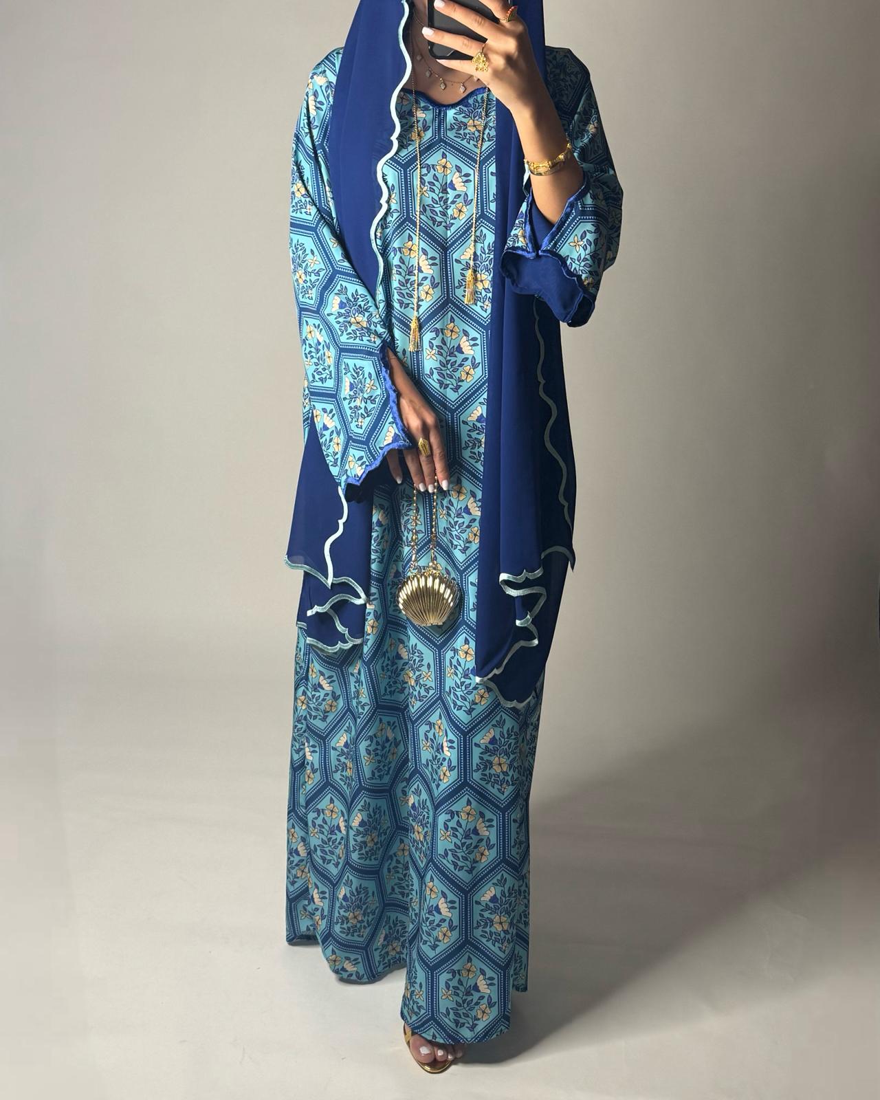 A527 - Shades of Blue Hexagon Pattern Jalabiya & Matching Head Scarf