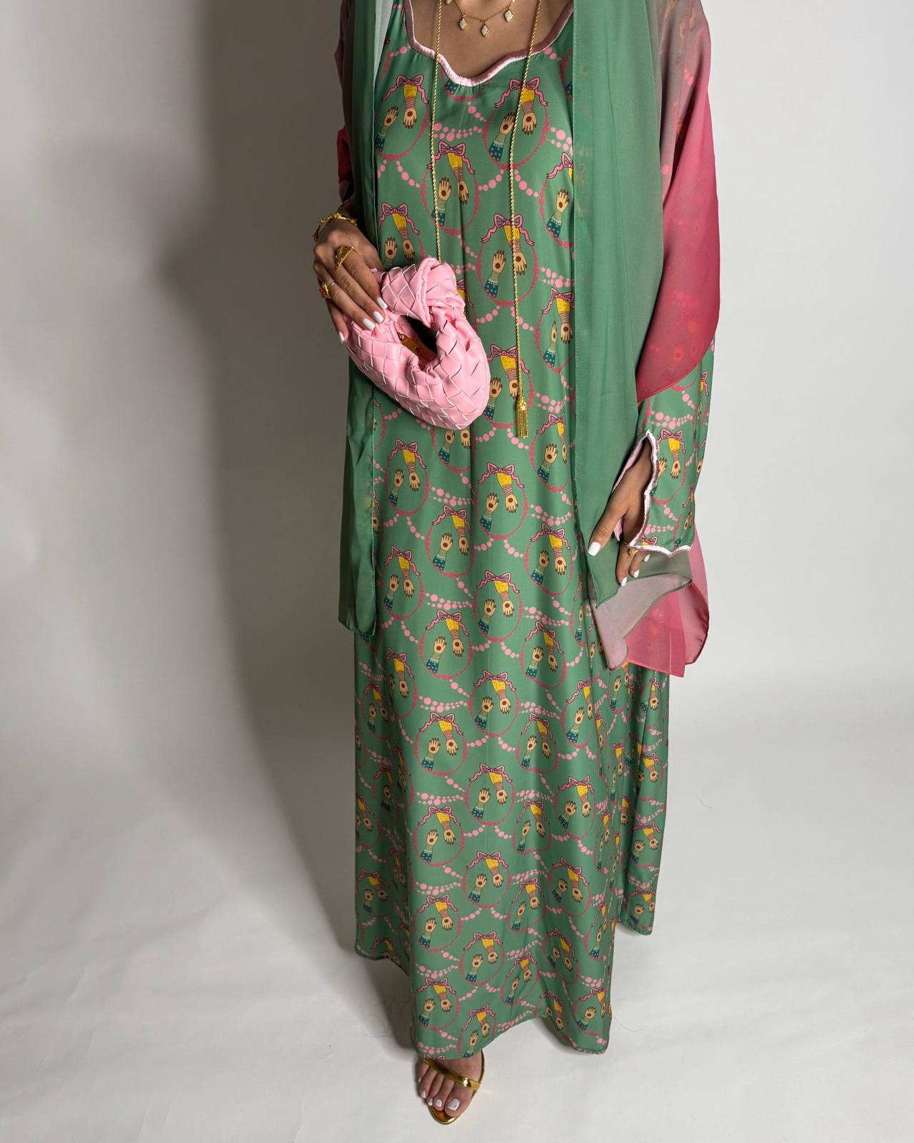A534 - Green & Pink Henna Pattern Jalabiya & Matching Ombre Head Scarf