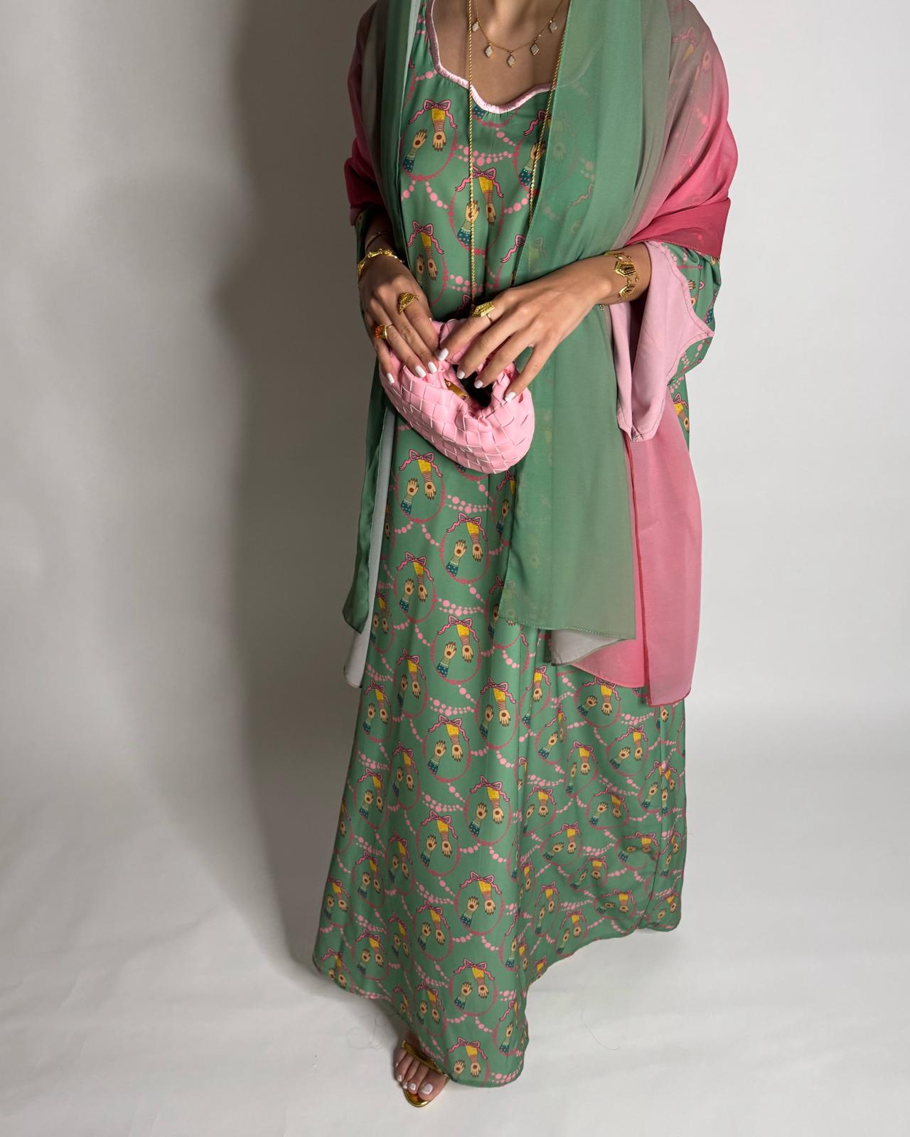 A534 - Green & Pink Henna Pattern Jalabiya & Matching Ombre Head Scarf