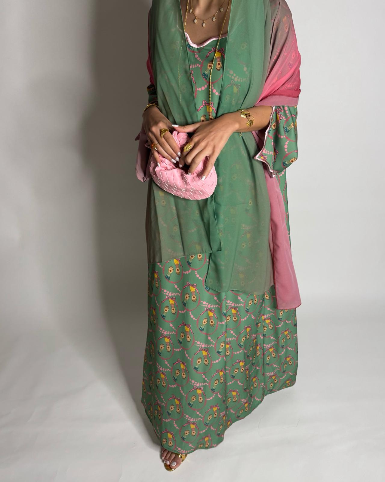 A534 - Green & Pink Henna Pattern Jalabiya & Matching Ombre Head Scarf