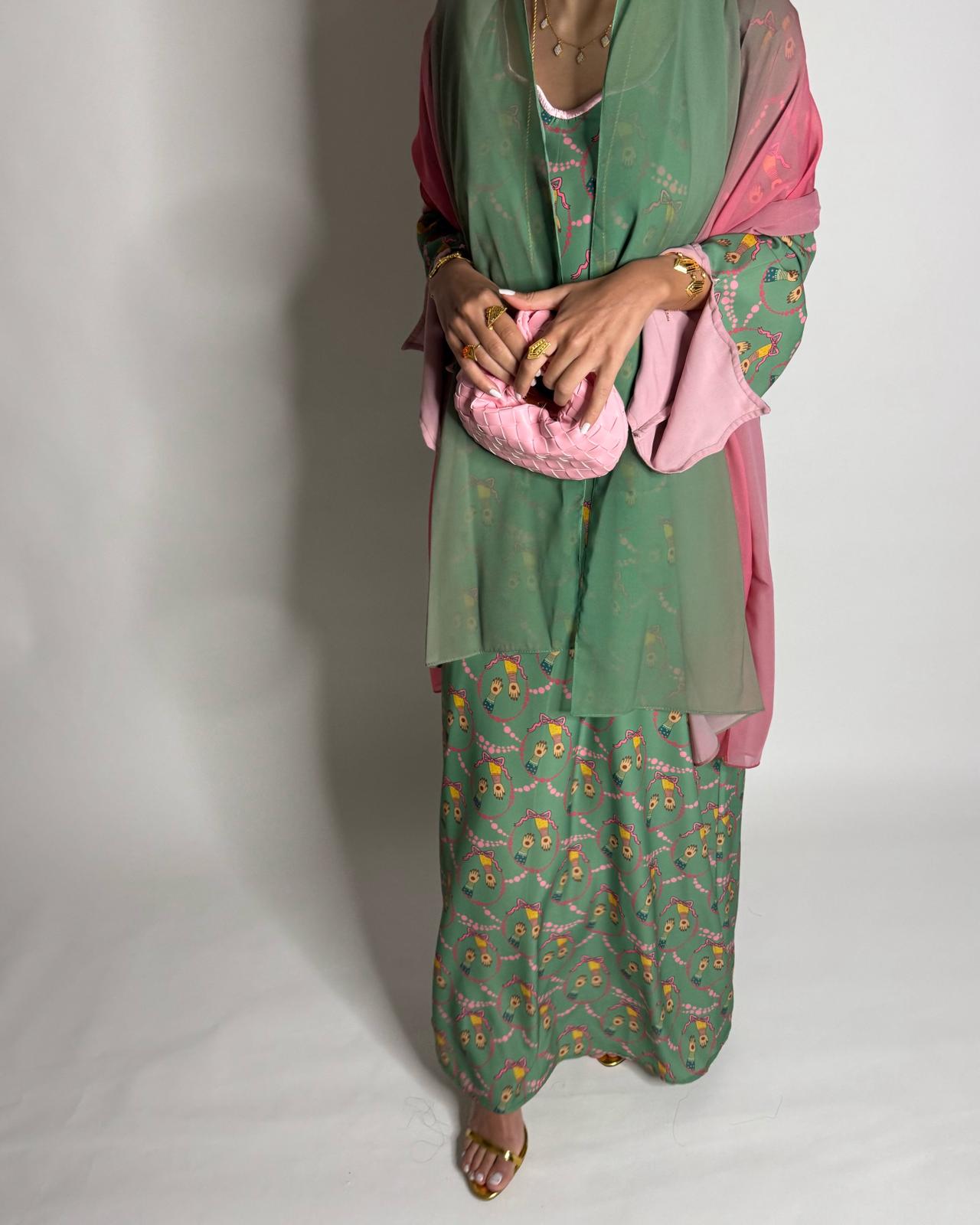 A534 - Green & Pink Henna Pattern Jalabiya & Matching Ombre Head Scarf