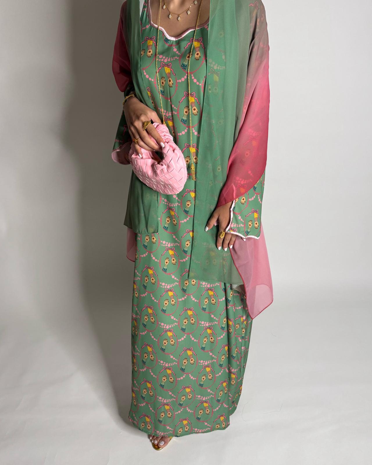 A534 - Green & Pink Henna Pattern Jalabiya & Matching Ombre Head Scarf