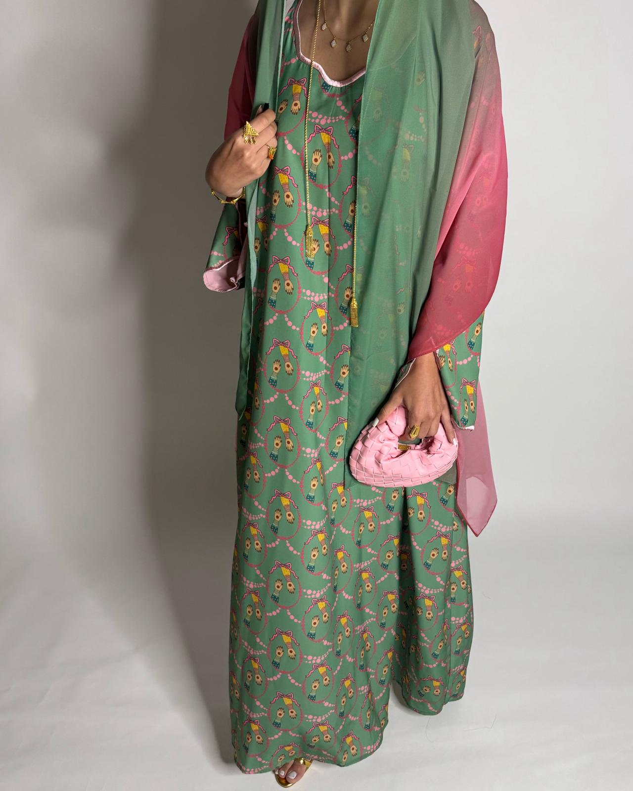 A534 - Green & Pink Henna Pattern Jalabiya & Matching Ombre Head Scarf
