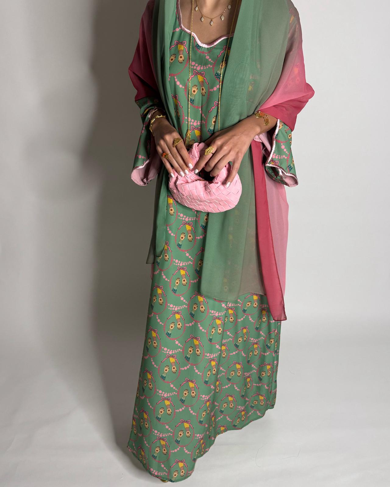 A534 - Green & Pink Henna Pattern Jalabiya & Matching Ombre Head Scarf