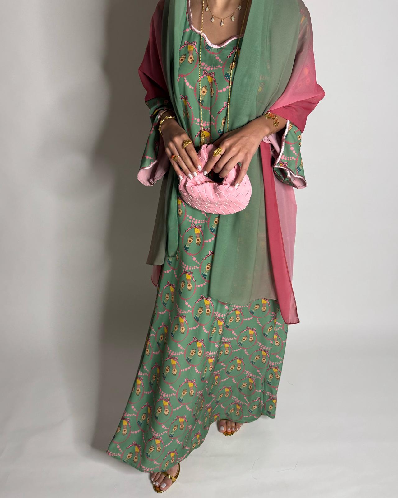 A534 - Green & Pink Henna Pattern Jalabiya & Matching Ombre Head Scarf