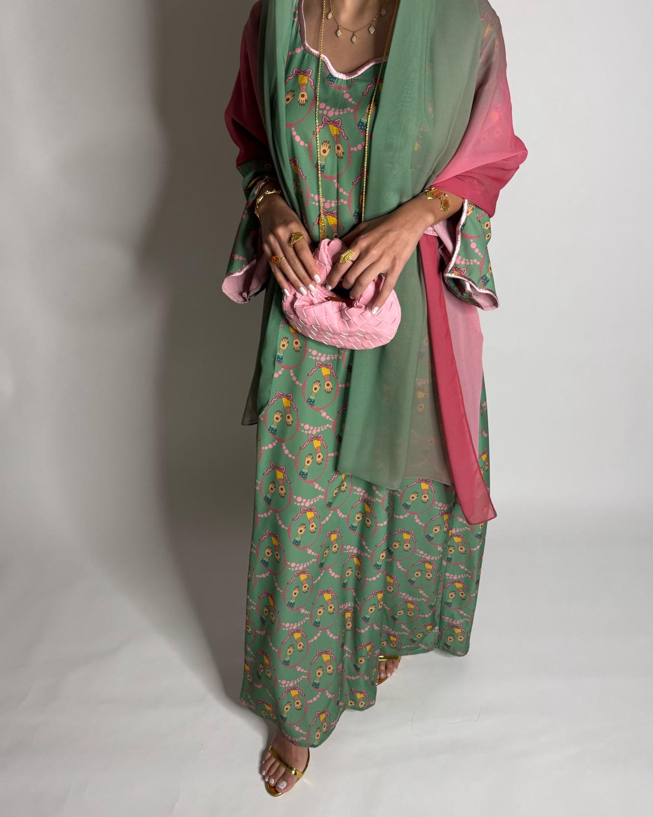A534 - Green & Pink Henna Pattern Jalabiya & Matching Ombre Head Scarf