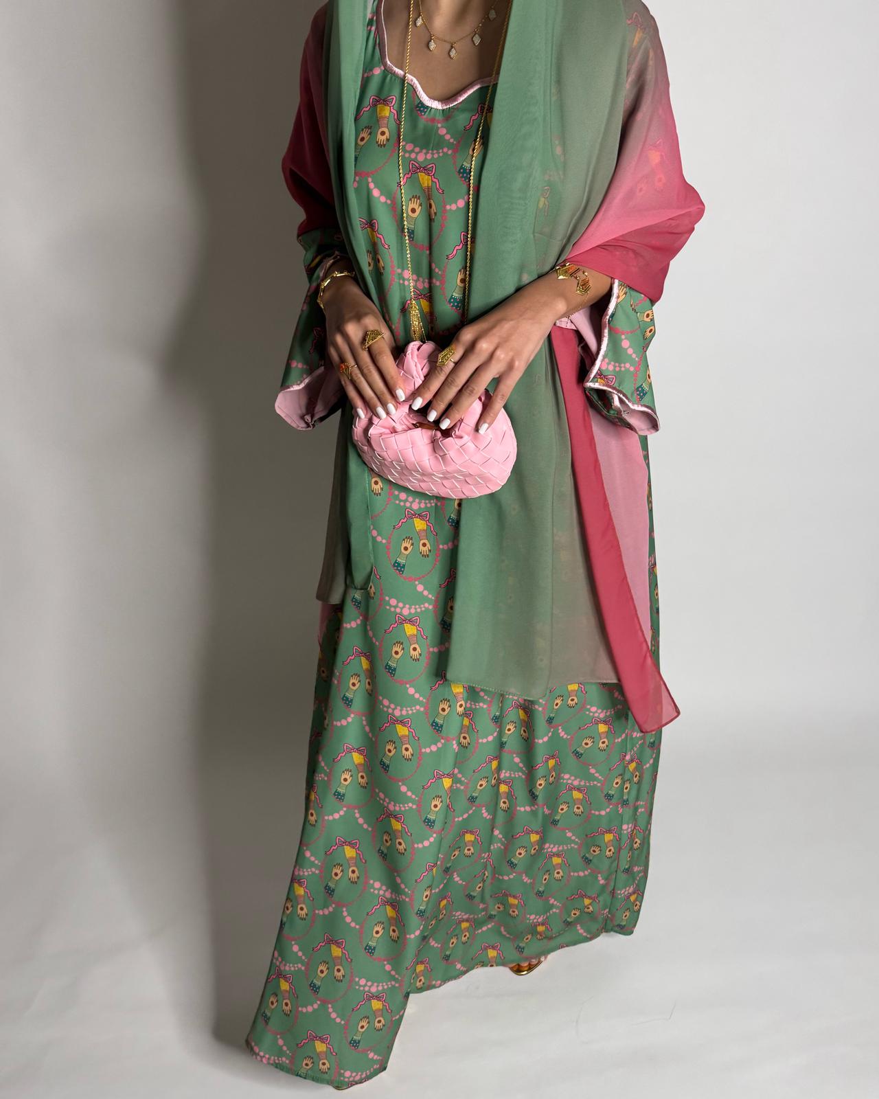 A534 - Green & Pink Henna Pattern Jalabiya & Matching Ombre Head Scarf