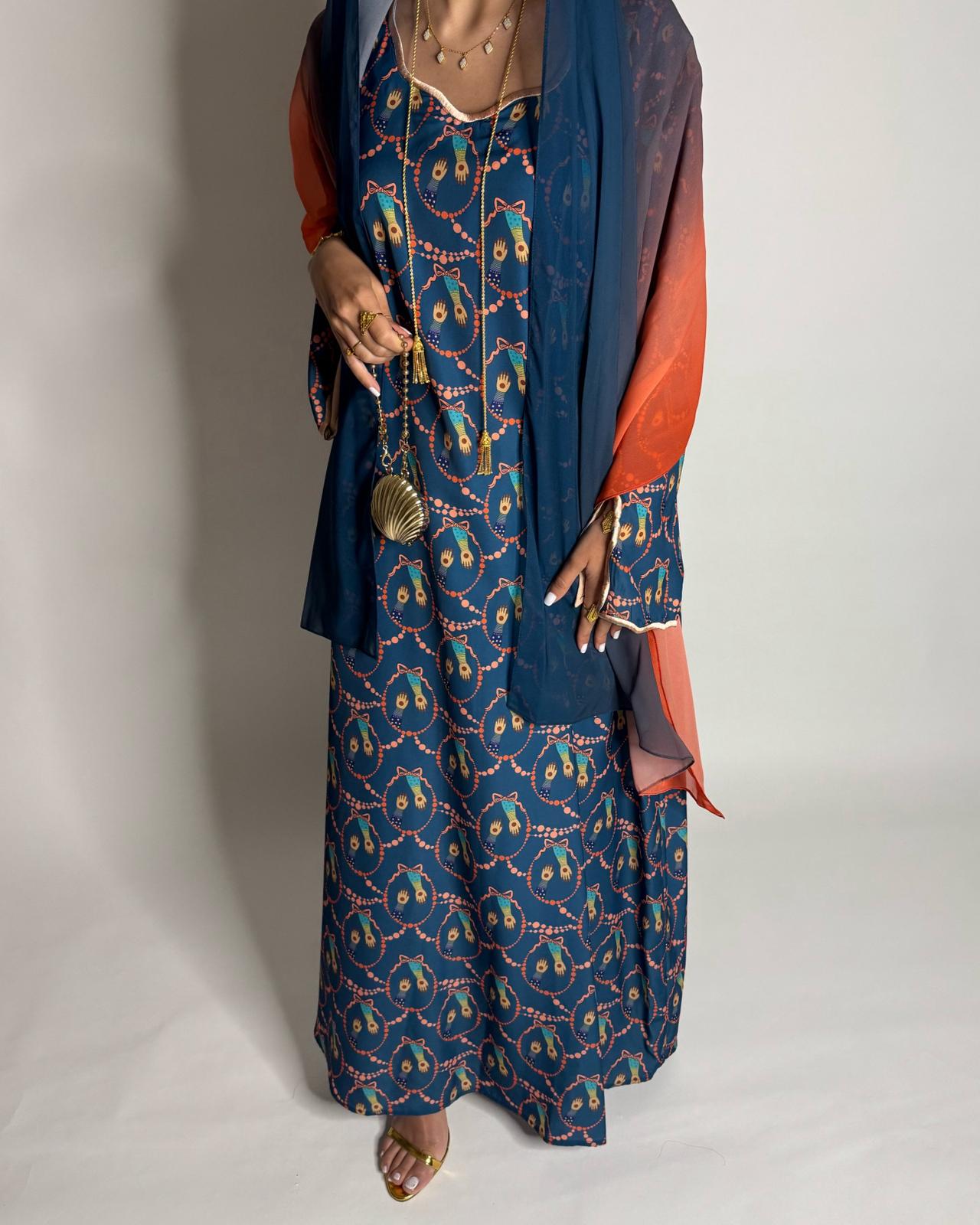 A530 - Dark Blue & Orange Henna Pattern Jalabiya & Matching Ombre Head Scarf