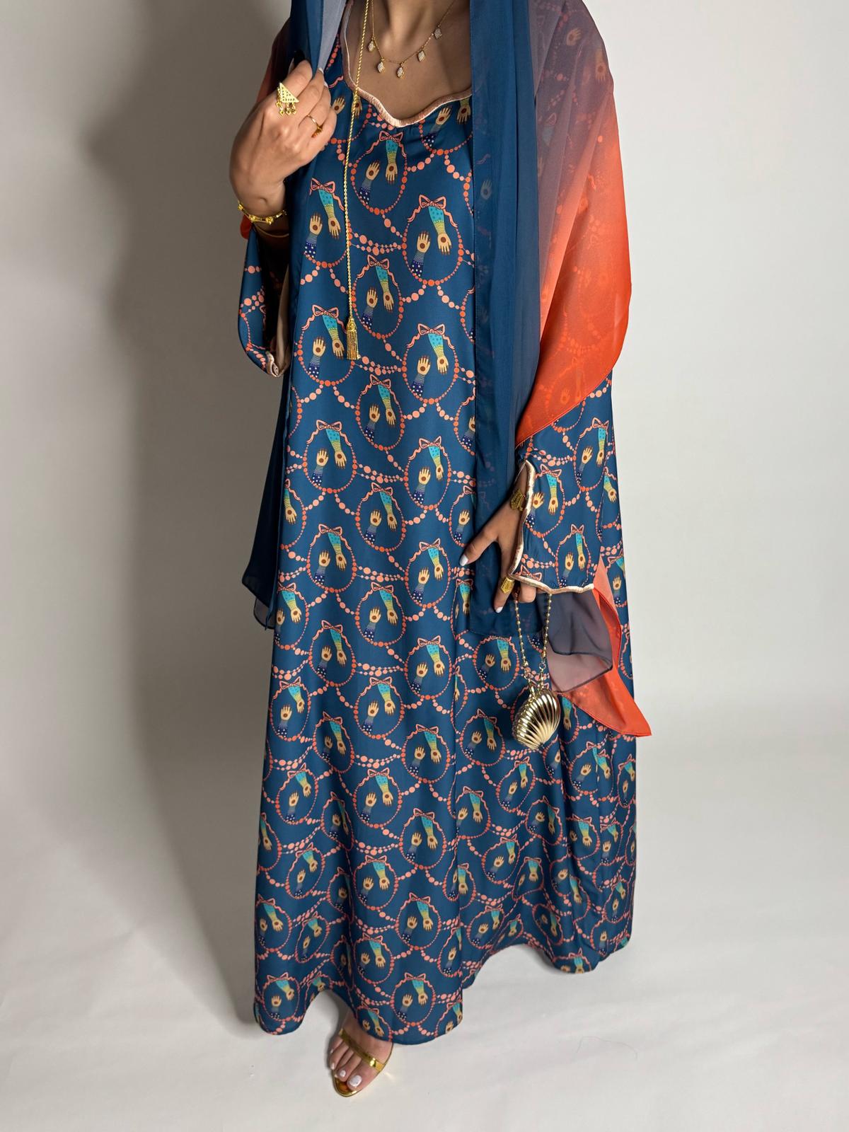 A530 - Dark Blue & Orange Henna Pattern Jalabiya & Matching Ombre Head Scarf