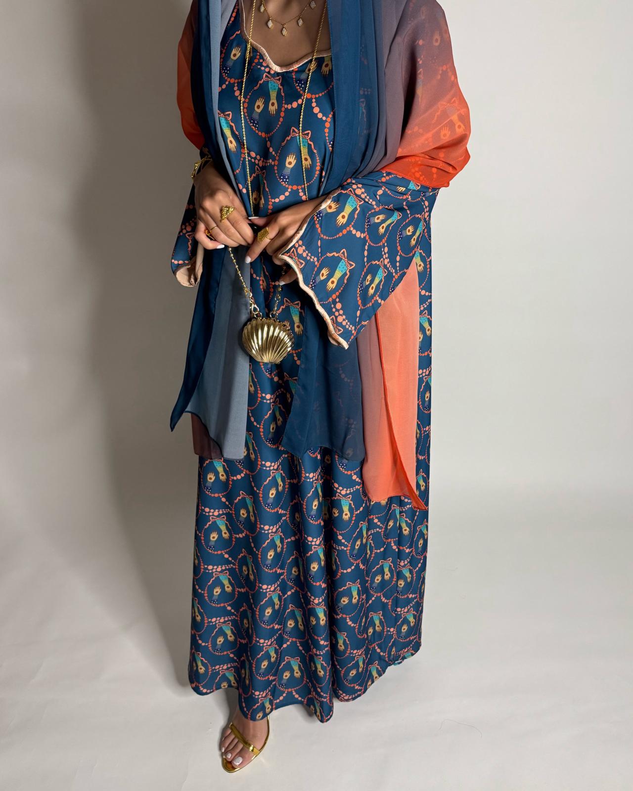 A530 - Dark Blue & Orange Henna Pattern Jalabiya & Matching Ombre Head Scarf