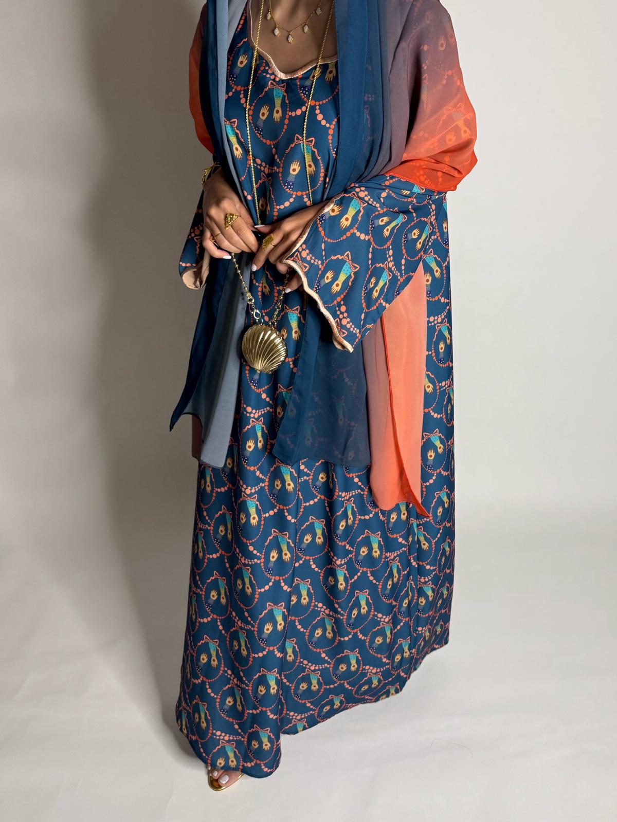 A530 - Dark Blue & Orange Henna Pattern Jalabiya & Matching Ombre Head Scarf