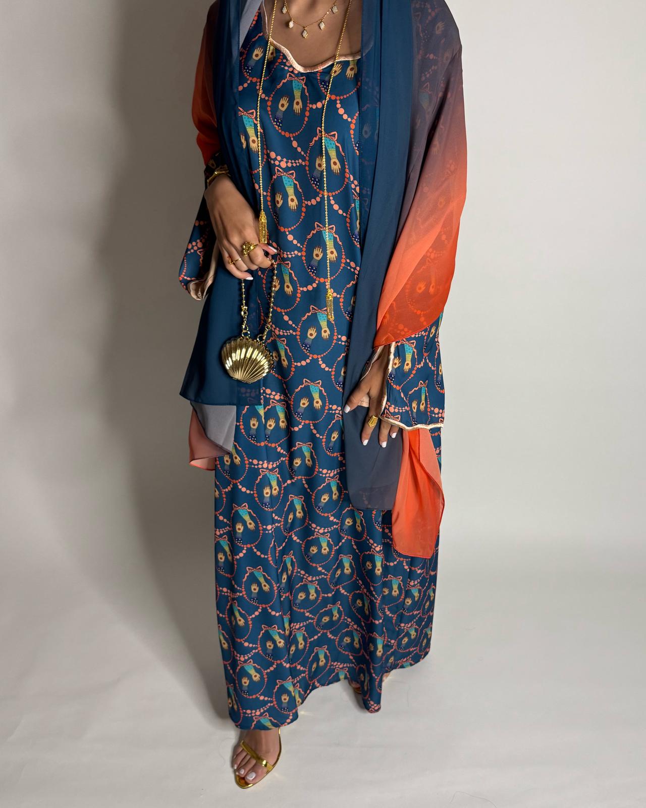 A530 - Dark Blue & Orange Henna Pattern Jalabiya & Matching Ombre Head Scarf
