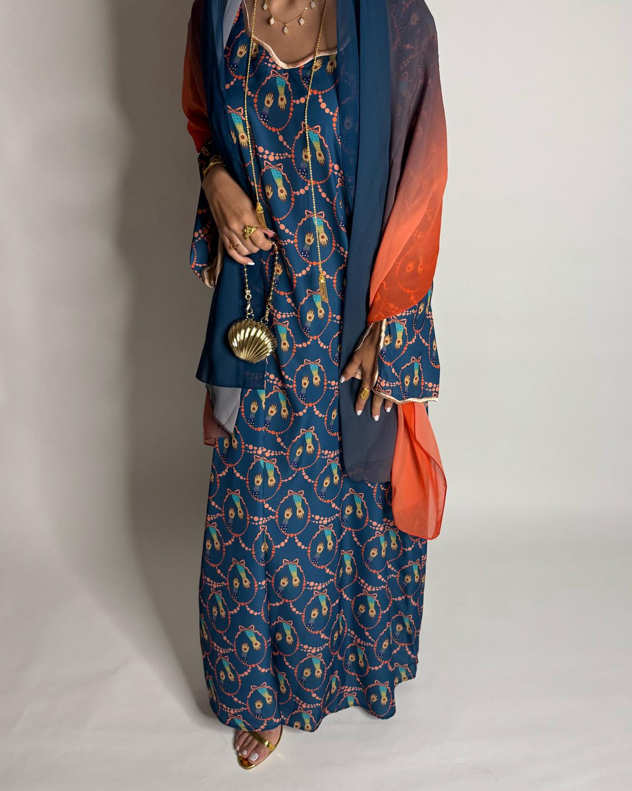 A530 - Dark Blue & Orange Henna Pattern Jalabiya & Matching Ombre Head Scarf