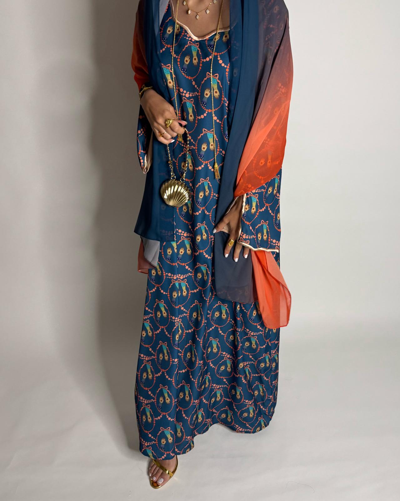 A530 - Dark Blue & Orange Henna Pattern Jalabiya & Matching Ombre Head Scarf