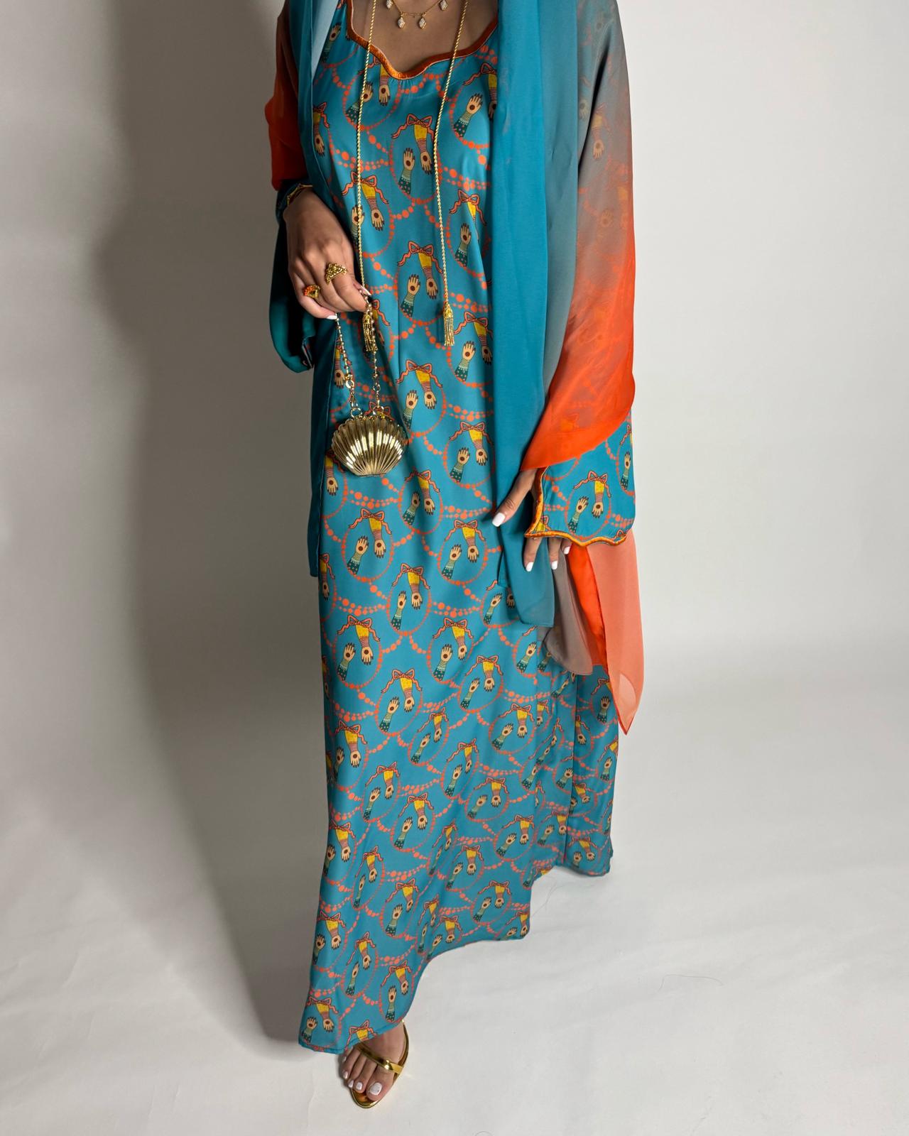 A529 - Turquoise Blue & Orange Henna Pattern Jalabiya & Matching Ombre Head Scarf