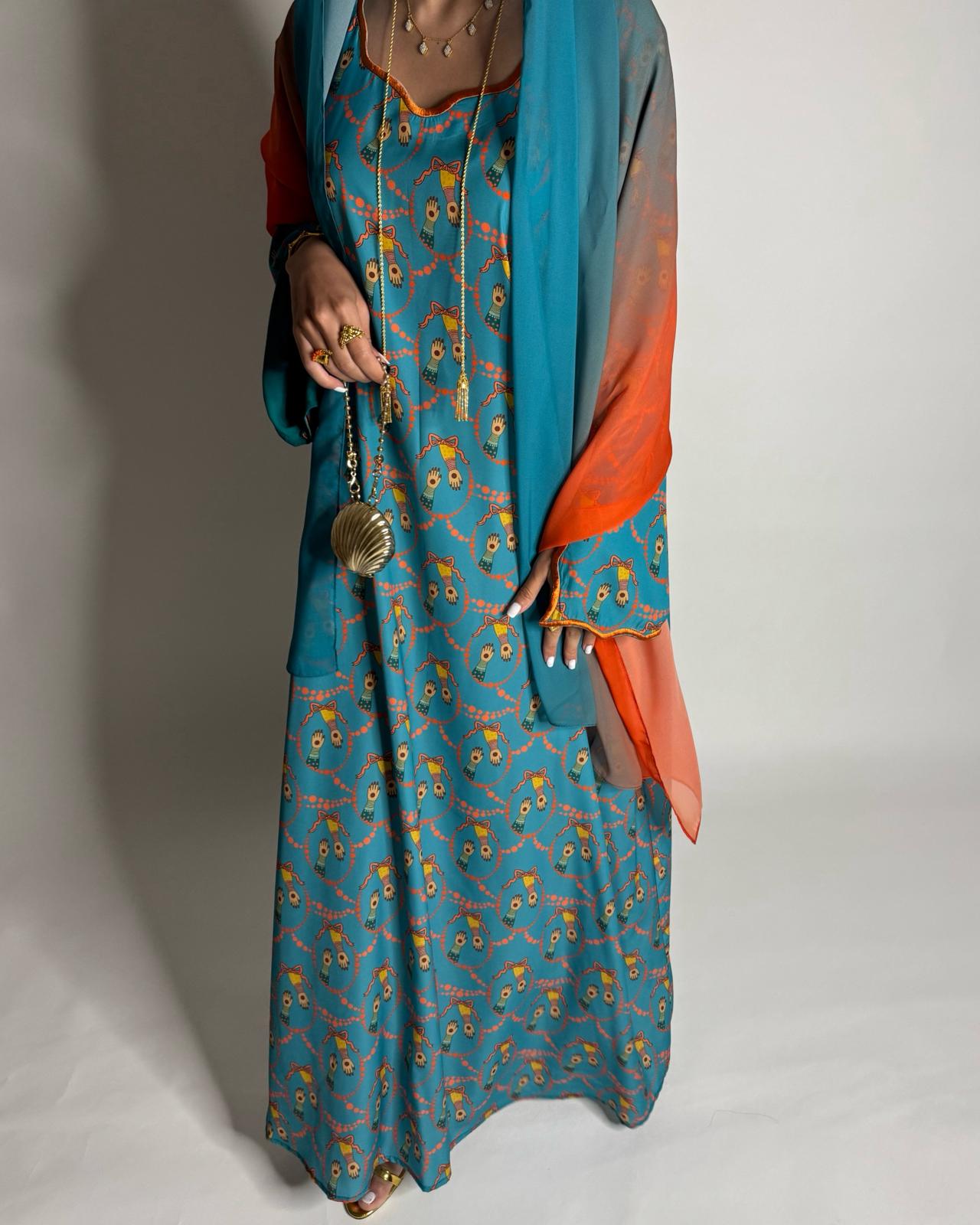 A529 - Turquoise Blue & Orange Henna Pattern Jalabiya & Matching Ombre Head Scarf