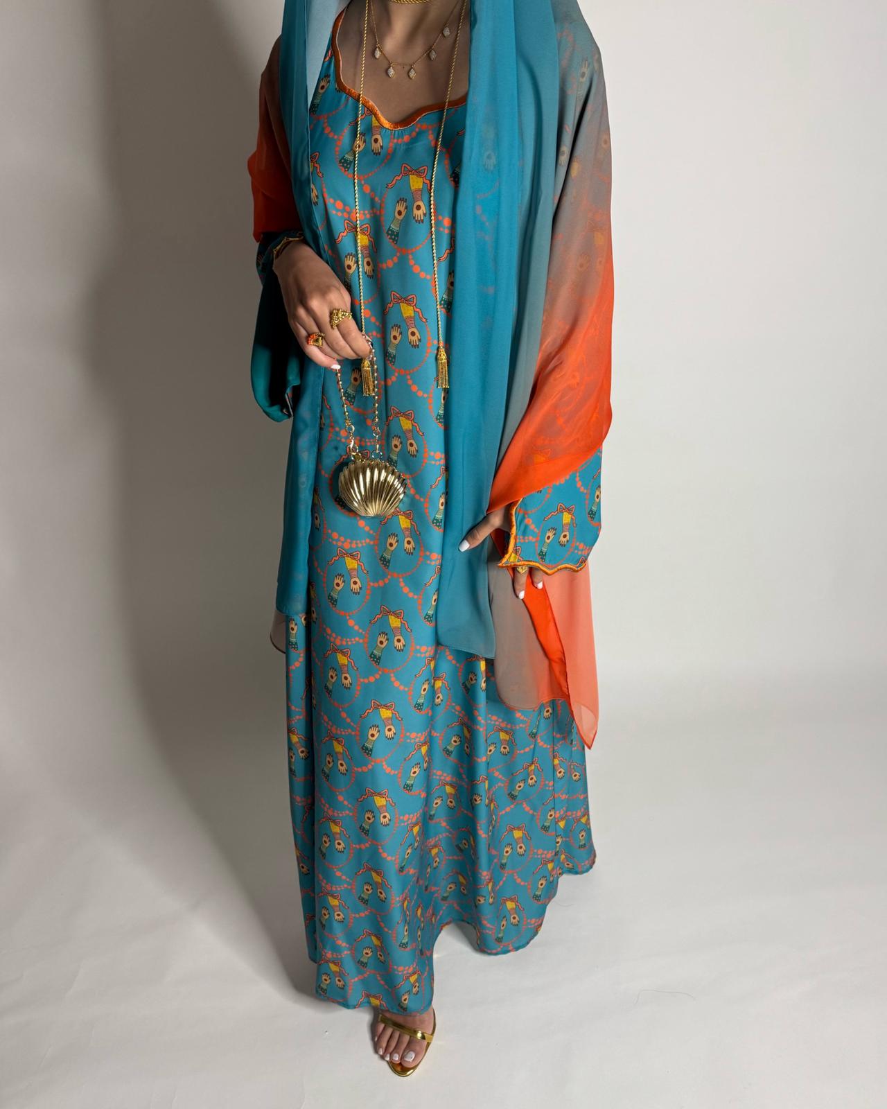 A529 - Turquoise Blue & Orange Henna Pattern Jalabiya & Matching Ombre Head Scarf