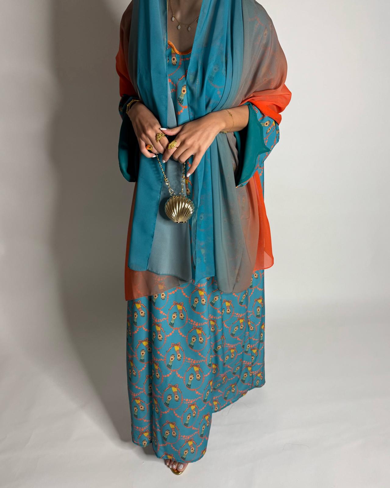 A529 - Turquoise Blue & Orange Henna Pattern Jalabiya & Matching Ombre Head Scarf