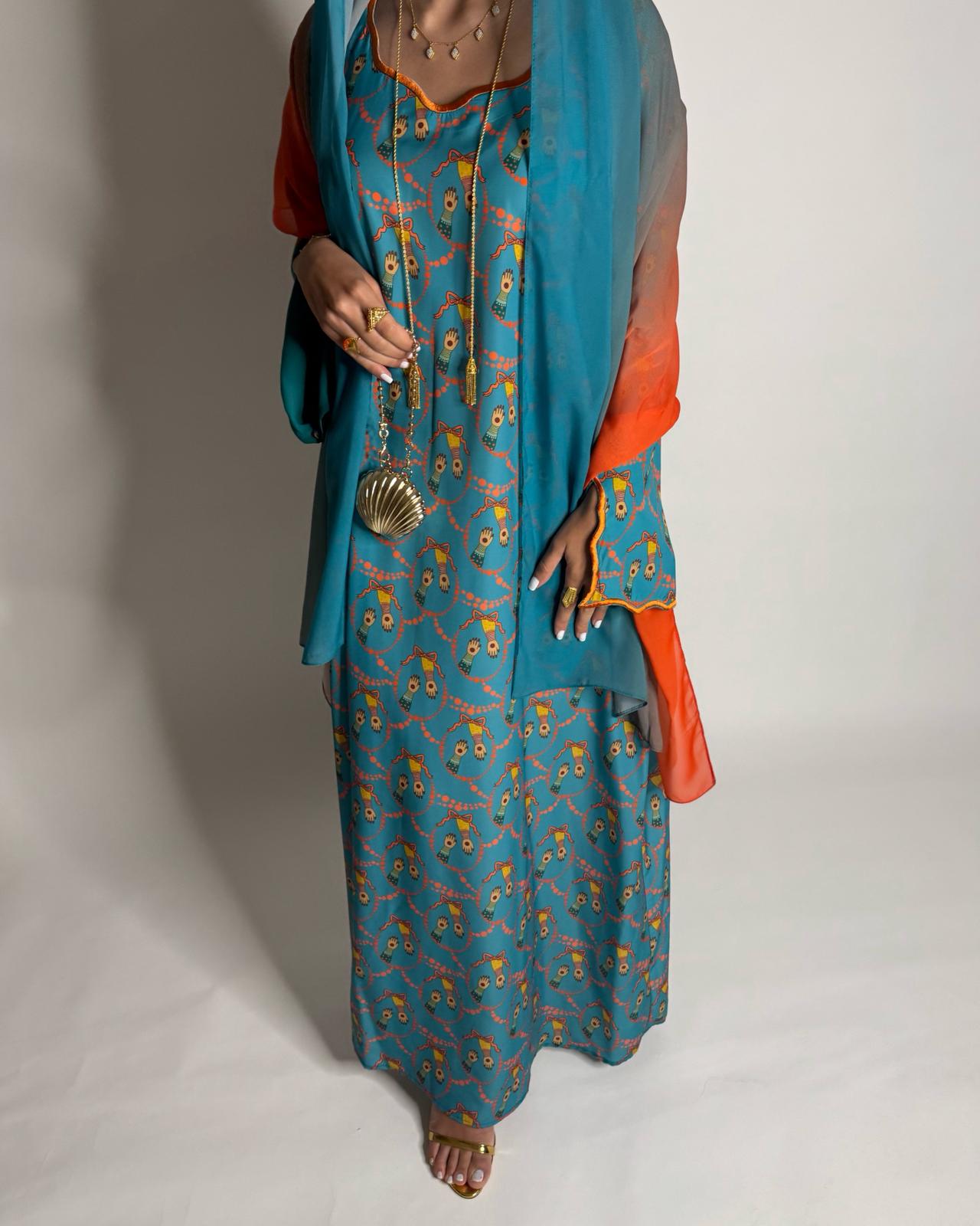 A529 - Turquoise Blue & Orange Henna Pattern Jalabiya & Matching Ombre Head Scarf