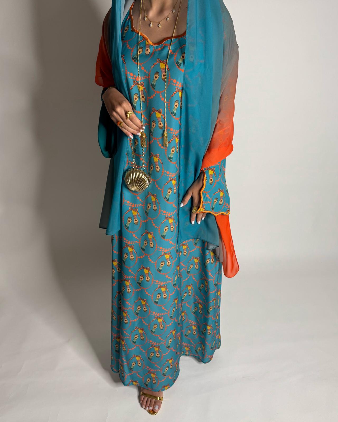 A529 - Turquoise Blue & Orange Henna Pattern Jalabiya & Matching Ombre Head Scarf
