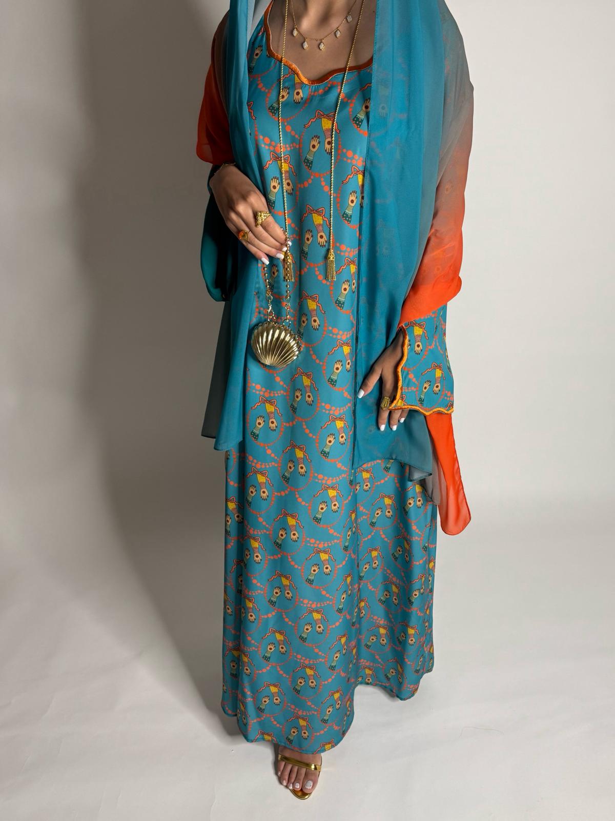 A529 - Turquoise Blue & Orange Henna Pattern Jalabiya & Matching Ombre Head Scarf
