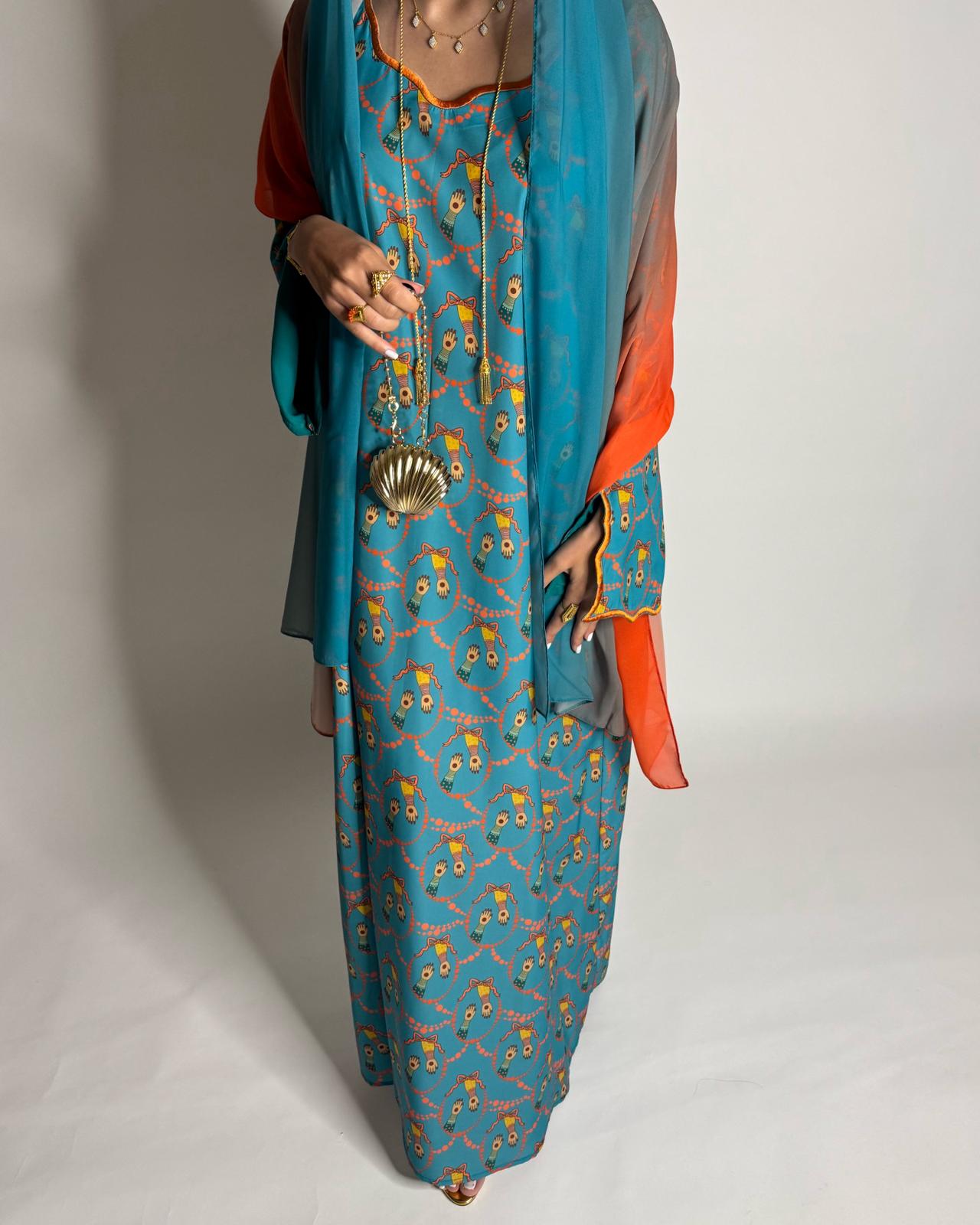 A529 - Turquoise Blue & Orange Henna Pattern Jalabiya & Matching Ombre Head Scarf
