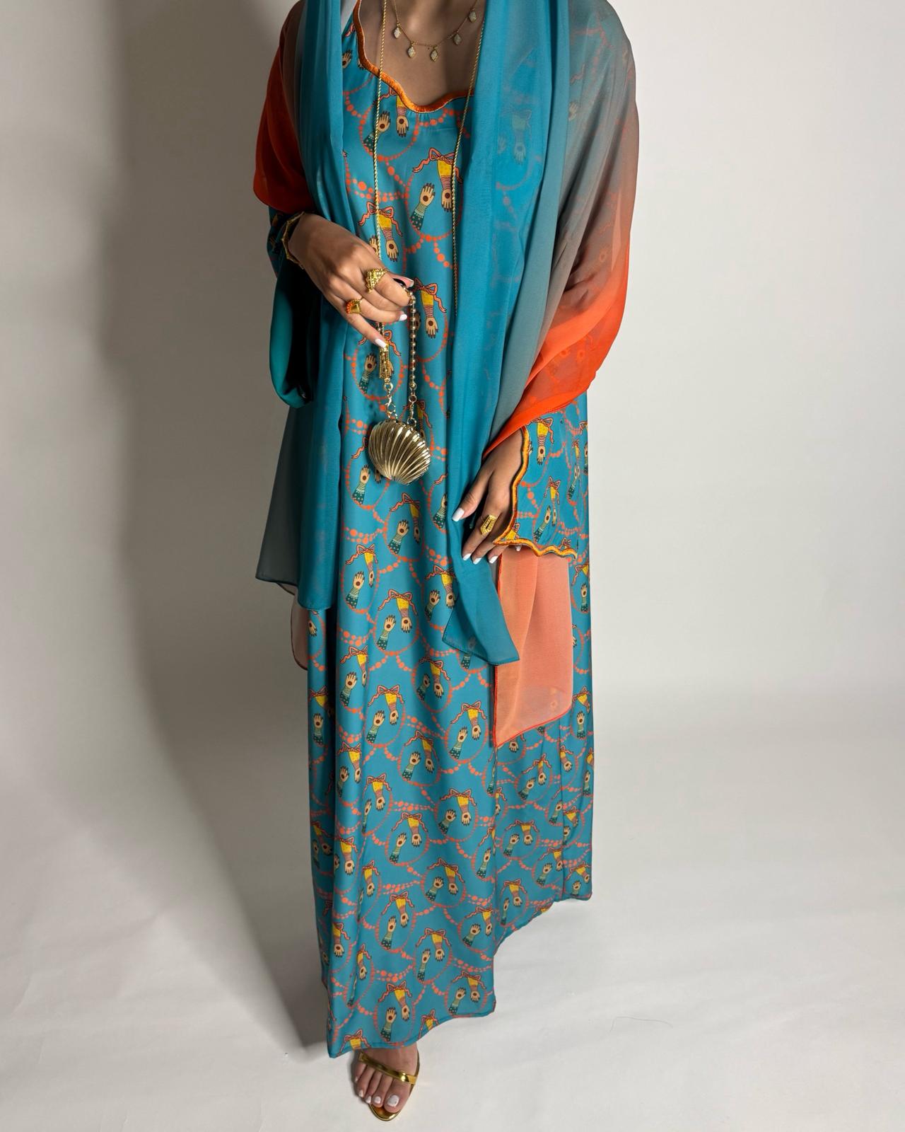 A529 - Turquoise Blue & Orange Henna Pattern Jalabiya & Matching Ombre Head Scarf