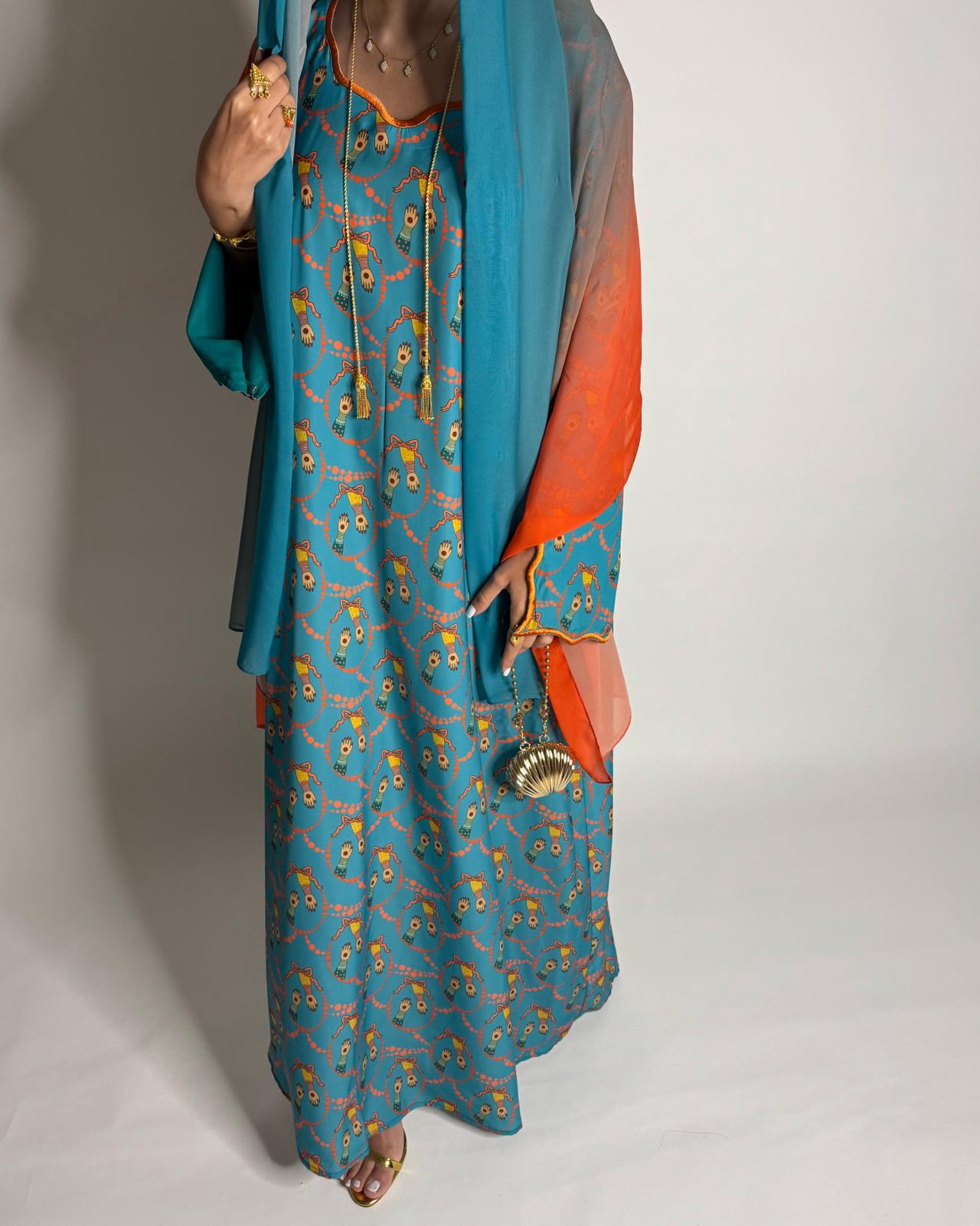 A529 - Turquoise Blue & Orange Henna Pattern Jalabiya & Matching Ombre Head Scarf
