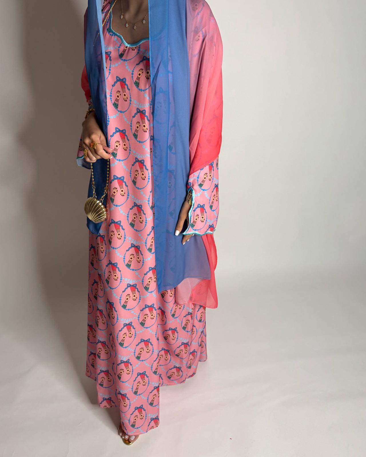 A533 - Pink & Blue Henna Pattern Jalabiya & Matching Ombre Head Scarf