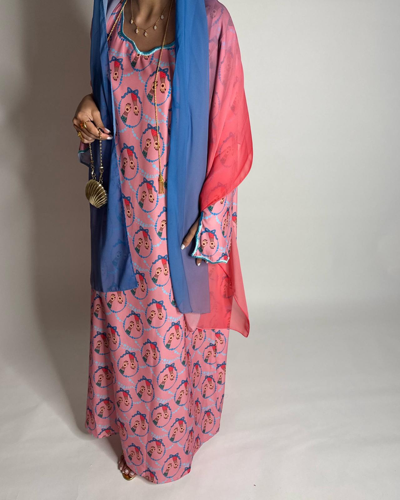A533 - Pink & Blue Henna Pattern Jalabiya & Matching Ombre Head Scarf