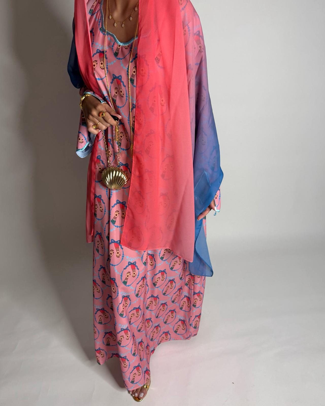 A533 - Pink & Blue Henna Pattern Jalabiya & Matching Ombre Head Scarf