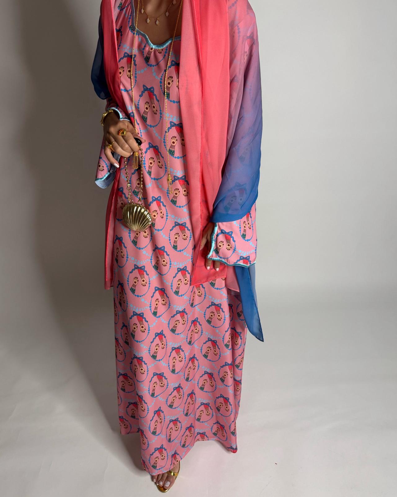 A533 - Pink & Blue Henna Pattern Jalabiya & Matching Ombre Head Scarf