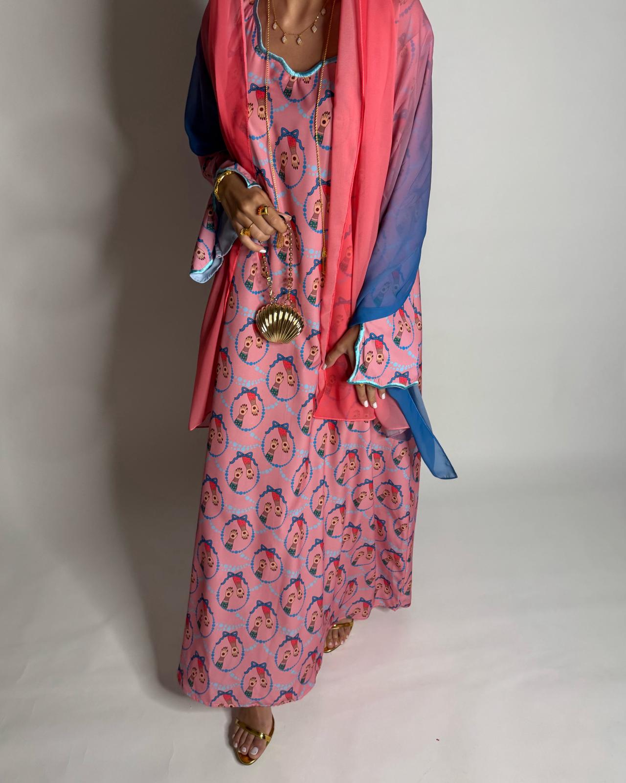 A533 - Pink & Blue Henna Pattern Jalabiya & Matching Ombre Head Scarf