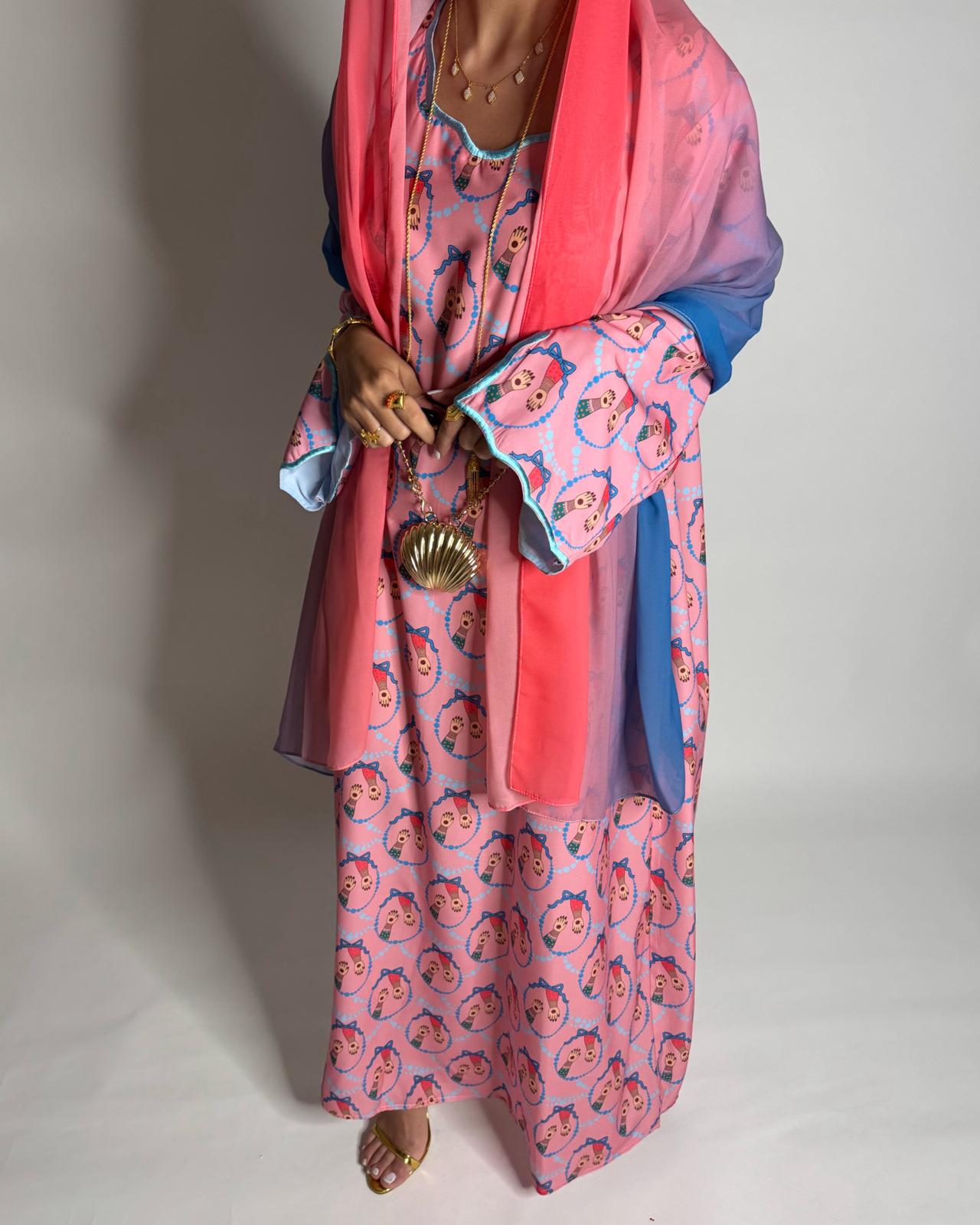 A533 - Pink & Blue Henna Pattern Jalabiya & Matching Ombre Head Scarf