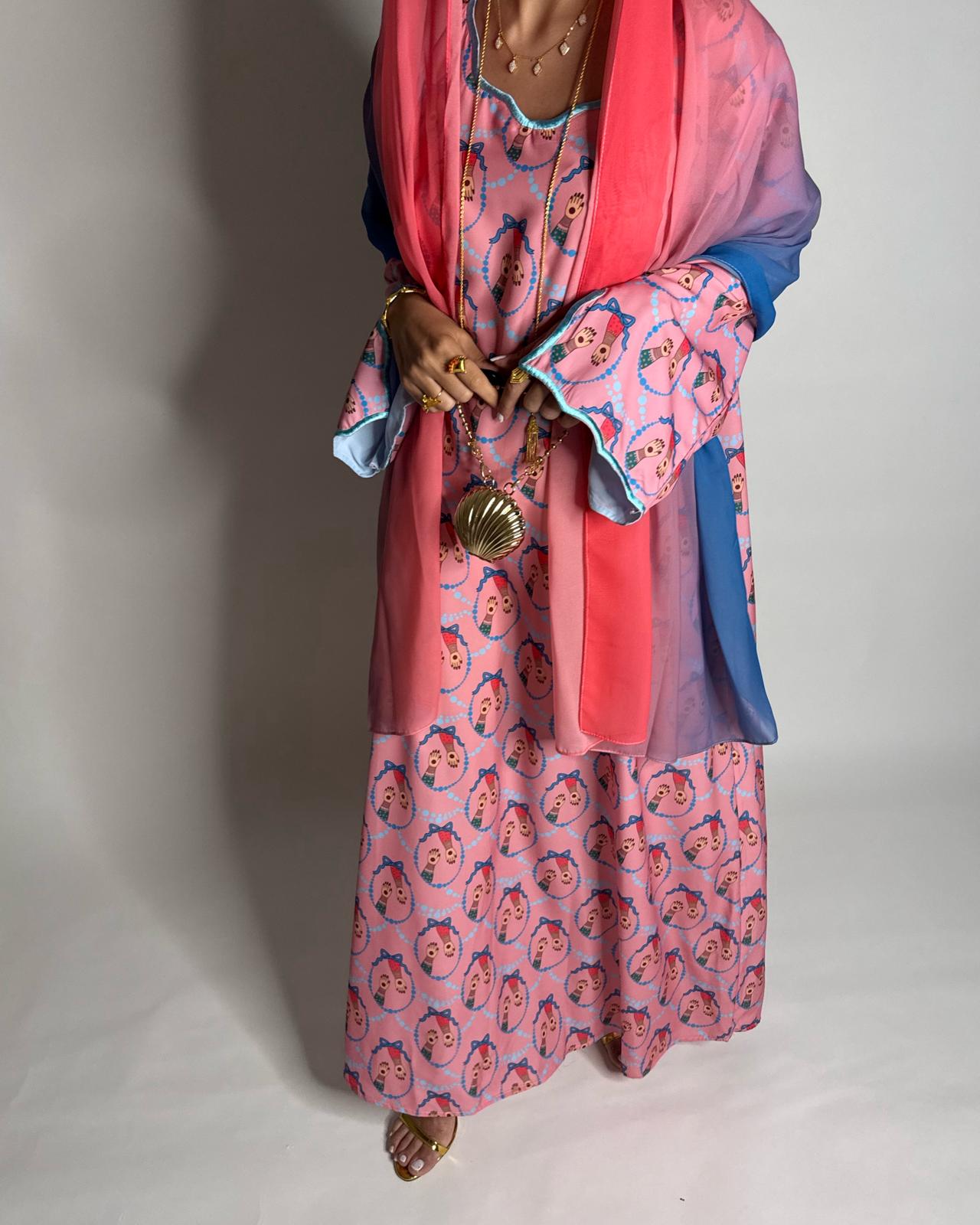 A533 - Pink & Blue Henna Pattern Jalabiya & Matching Ombre Head Scarf