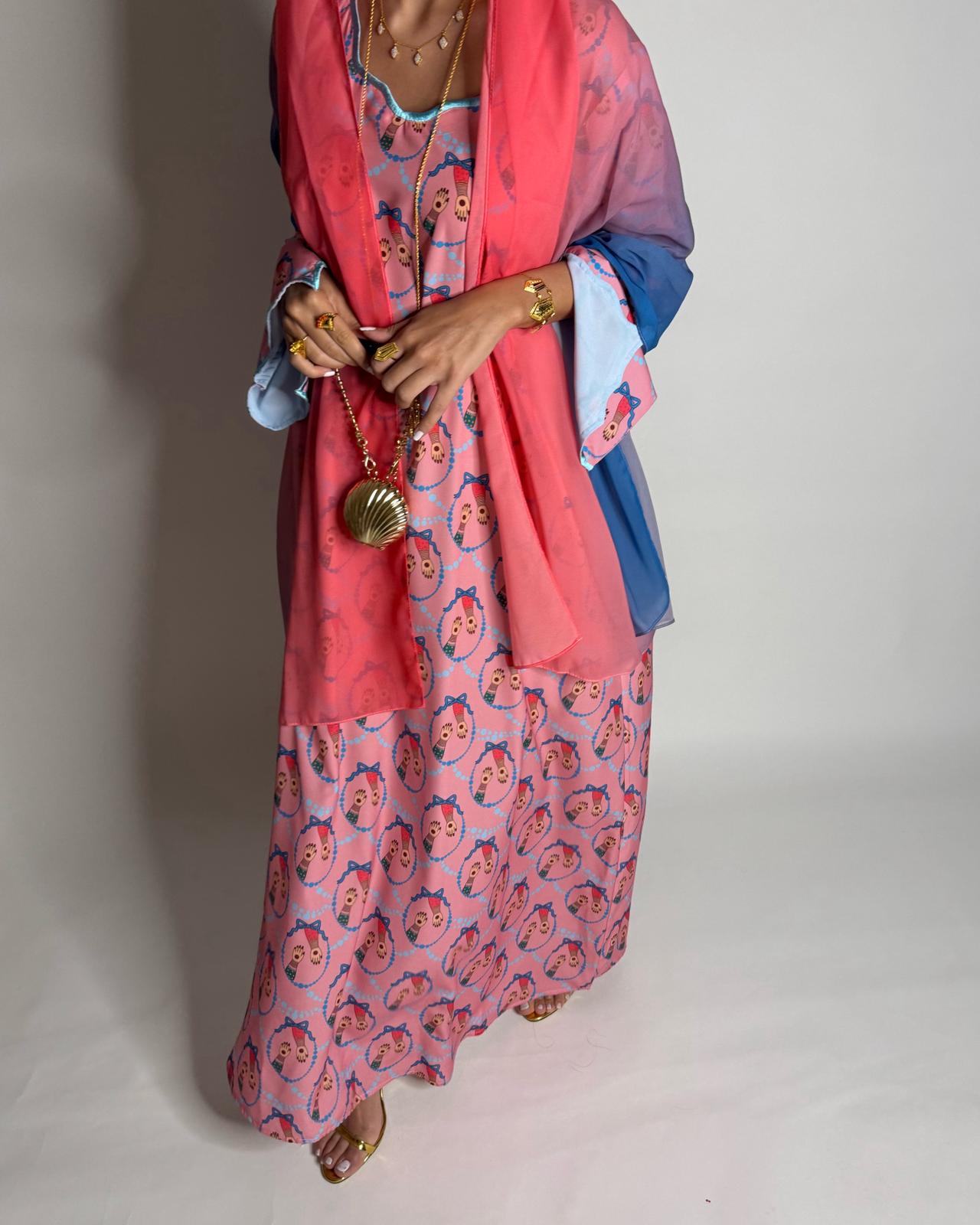 A533 - Pink & Blue Henna Pattern Jalabiya & Matching Ombre Head Scarf