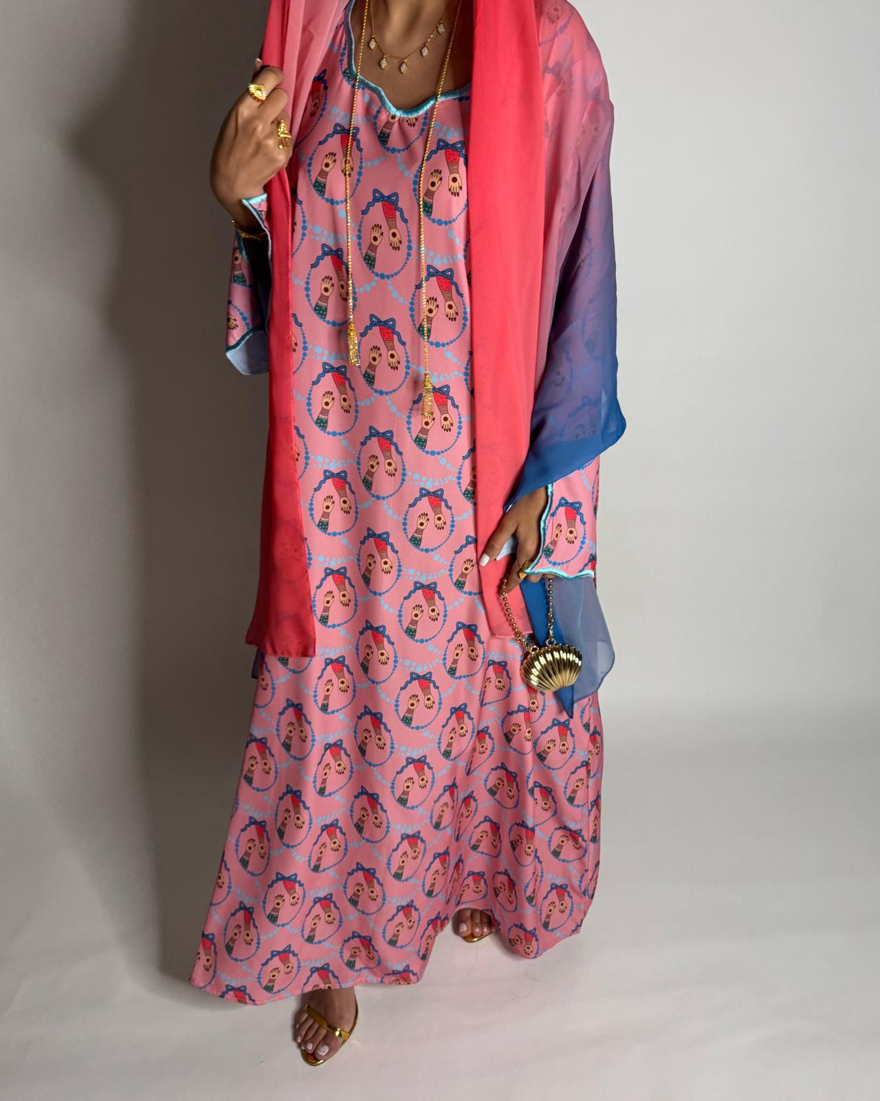 A533 - Pink & Blue Henna Pattern Jalabiya & Matching Ombre Head Scarf