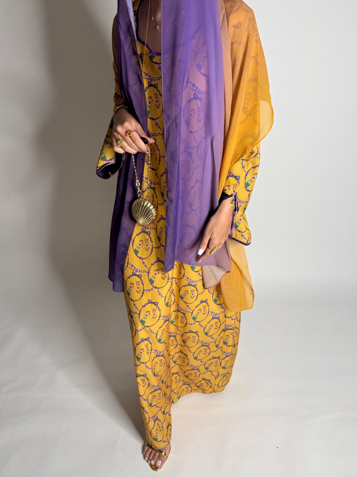 A531 - Mustard & Purple Henna Pattern Jalabiya & Matching Ombre Head Scarf